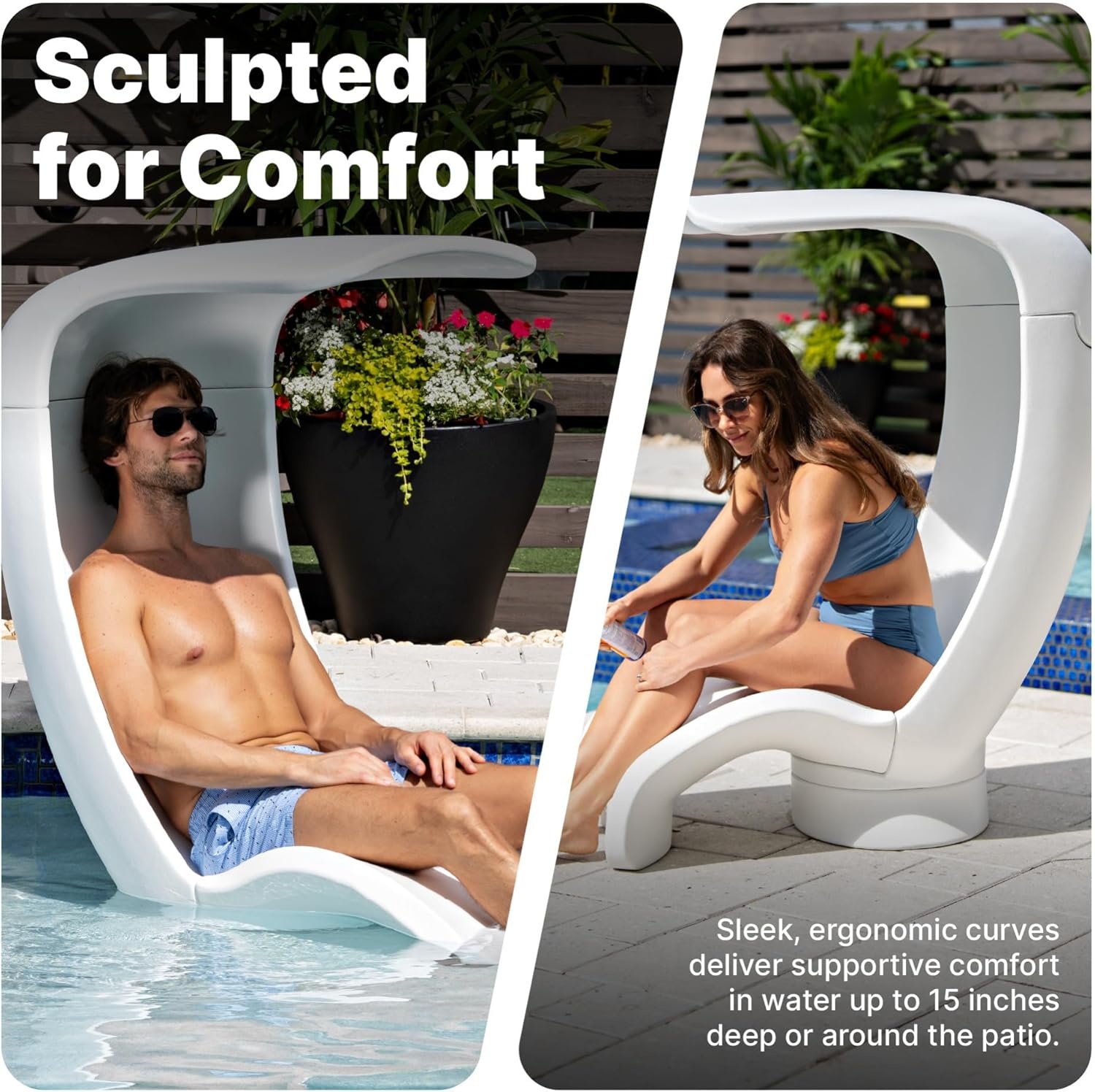 Step2 Mondello Lounger with Removable Shade, Stylish Poolside Lounger, Fade-Resistant, Waterproof Patio Furniture for Sun Shelf, Use in Pools up to 15-Inches of Water, Weighted, White(Chair)