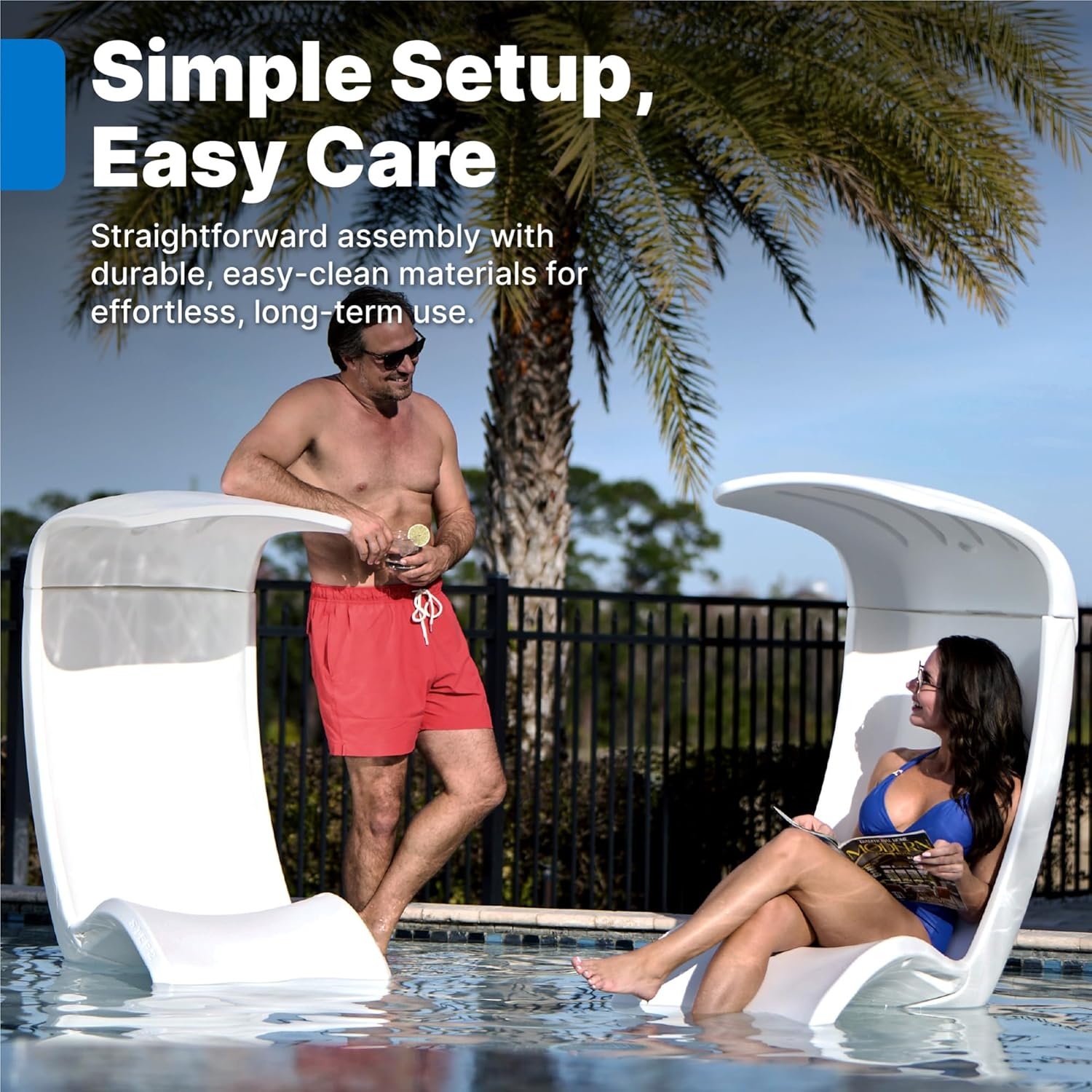Step2 Mondello Lounger with Removable Shade, Stylish Poolside Lounger, Fade-Resistant, Waterproof Patio Furniture for Sun Shelf, Use in Pools up to 15-Inches of Water, Weighted, White(Chair)