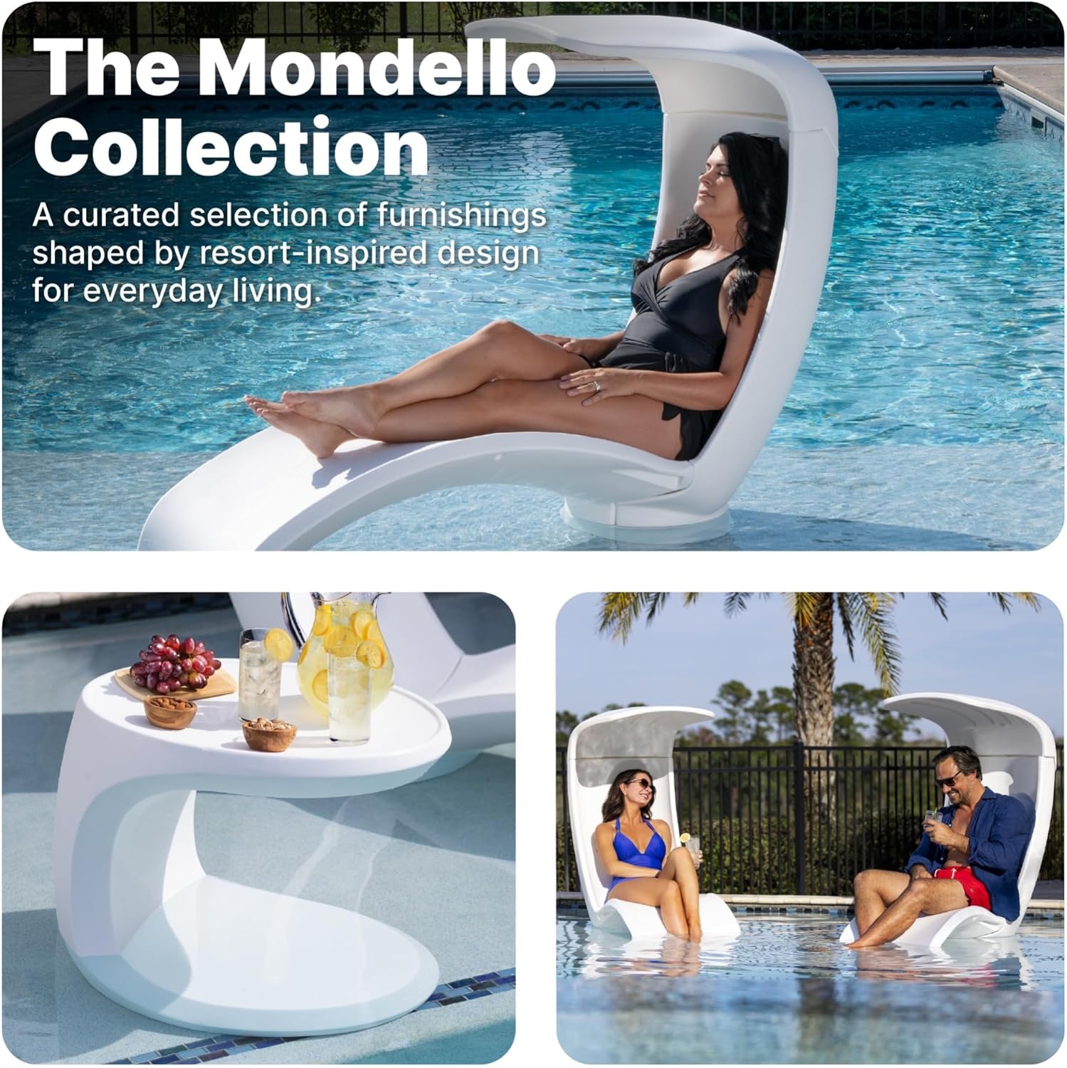 Step2 Mondello Lounger with Removable Shade, Stylish Poolside Lounger, Fade-Resistant, Waterproof Patio Furniture for Sun Shelf, Use in Pools up to 15-Inches of Water, Weighted, White(Chair)