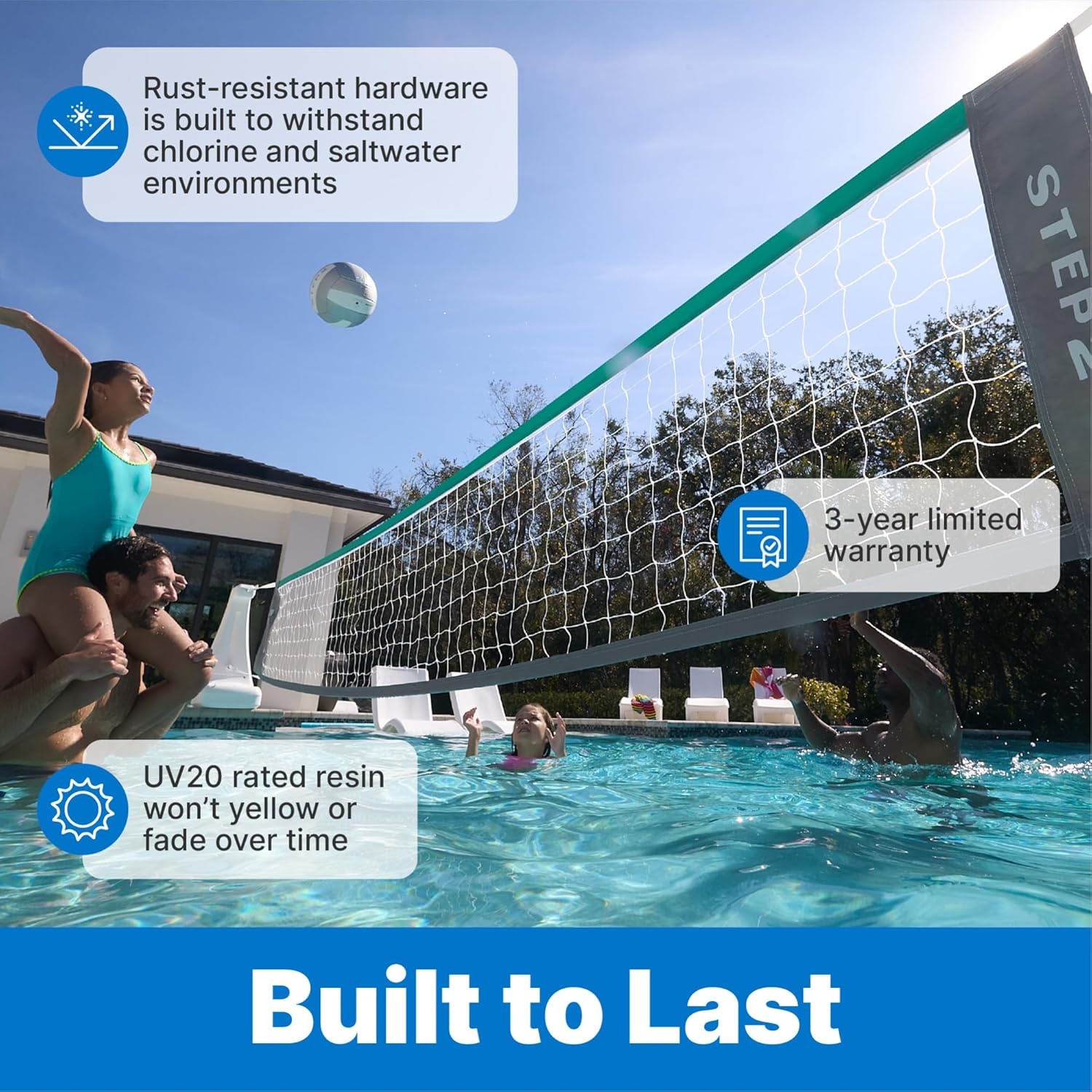 Step2 Vero Pool Volleyball Net, Outdoor/Indoor Waterproof Patio Furniture, Made of Durable Plastic, 15-25 Feet, White