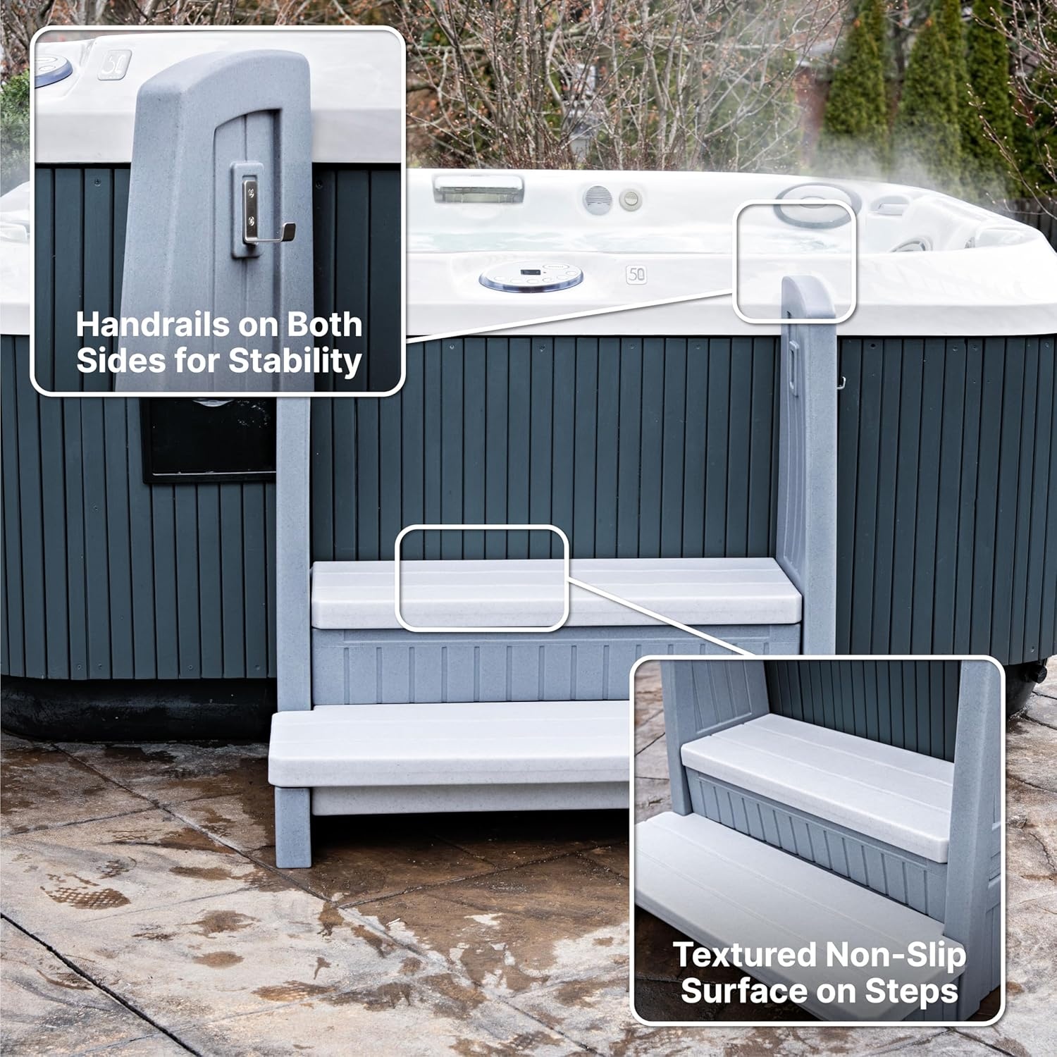 Step2 Hot Tub Storage Steps with Handrails, 2-Step Stool, Waterproof Stairs for Outdoor/Indoor Pool or Jacuzzi, Made of Durable Plastic, Dark Cedar(Gray)