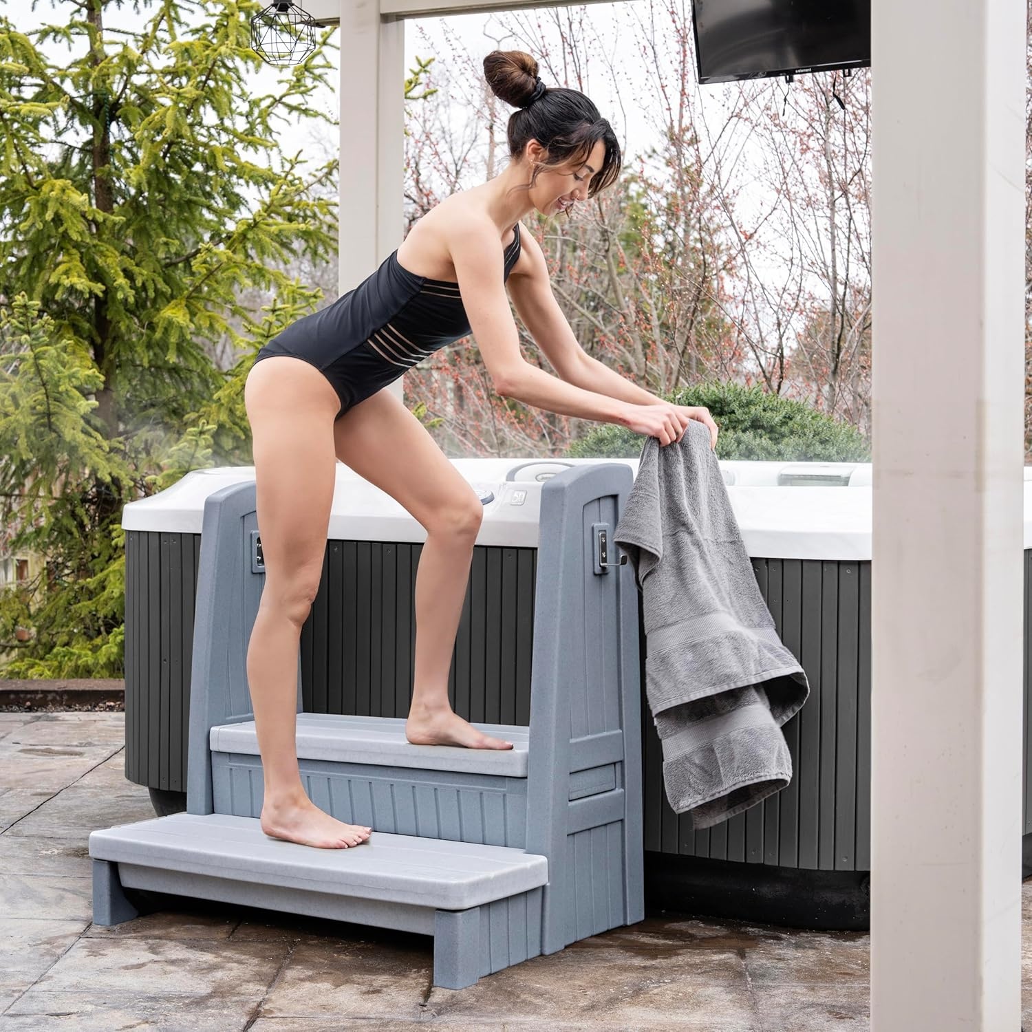 Step2 Hot Tub Storage Steps with Handrails, 2-Step Stool, Waterproof Stairs for Outdoor/Indoor Pool or Jacuzzi, Made of Durable Plastic, Dark Cedar(Gray)