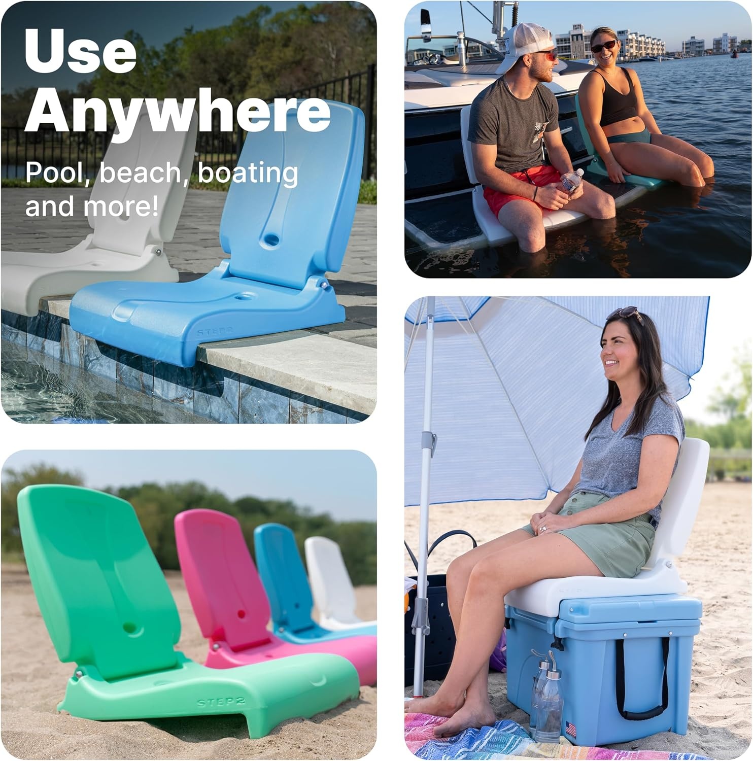 Step2 Vero Pool Lounger and Folding Adult Flip Seat Bundle, Outdoor/Indoor Waterproof Patio Furniture, Provides Back Support When Sitting, Made of Durable Plastic, White/Capri Blue(White & Capri)