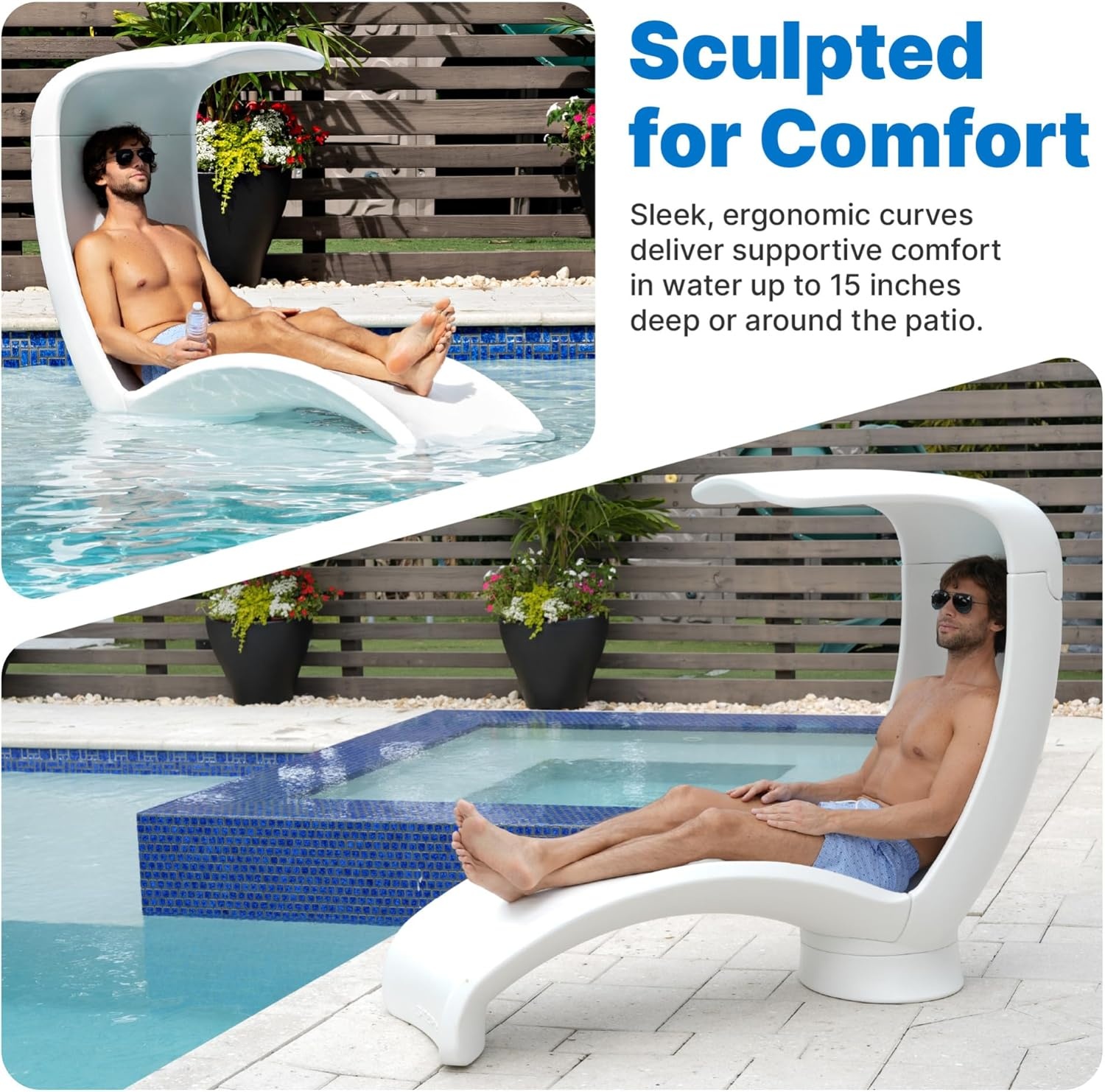 Step2 Mondello Lounger with Removable Shade, Stylish Poolside Lounger, Fade-Resistant, Waterproof Patio Furniture for Sun Shelf, Use in Pools up to 15-Inches of Water, Weighted, White(Lounger)
