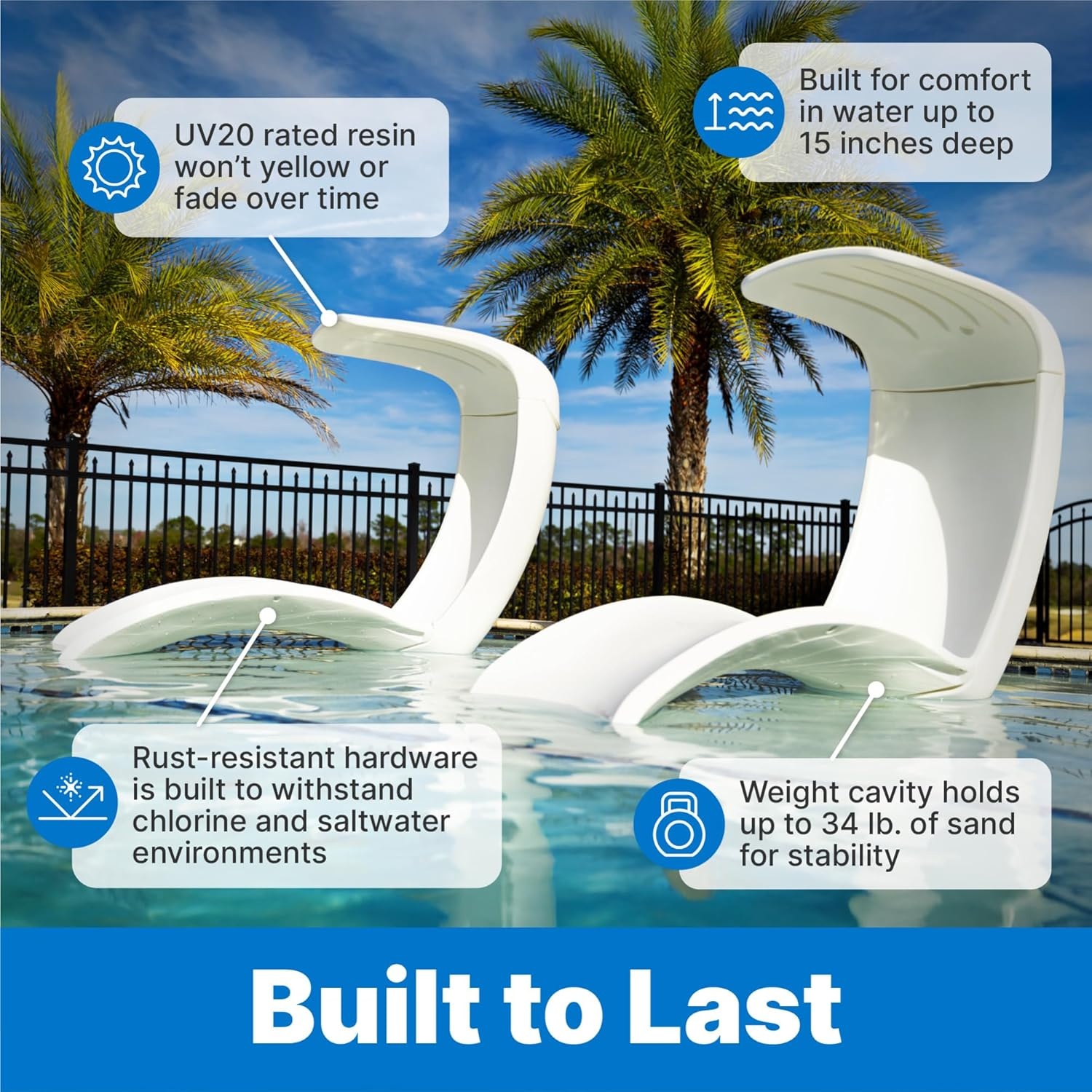 Step2 Mondello Lounger with Removable Shade, Stylish Poolside Lounger, Fade-Resistant, Waterproof Patio Furniture for Sun Shelf, Use in Pools up to 15-Inches of Water, Weighted, White(Lounger)