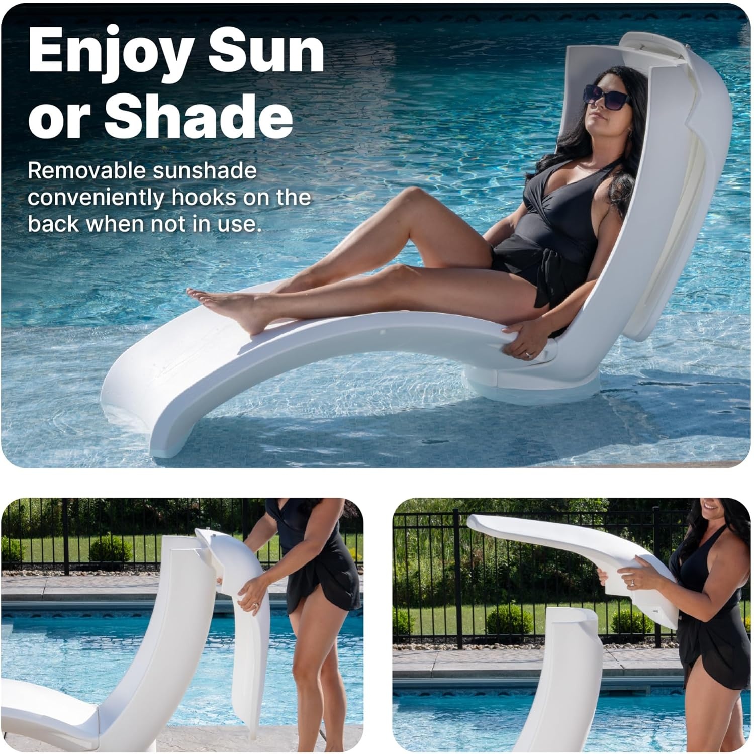 Step2 Mondello Lounger with Removable Shade, Stylish Poolside Lounger, Fade-Resistant, Waterproof Patio Furniture for Sun Shelf, Use in Pools up to 15-Inches of Water, Weighted, White(Lounger)