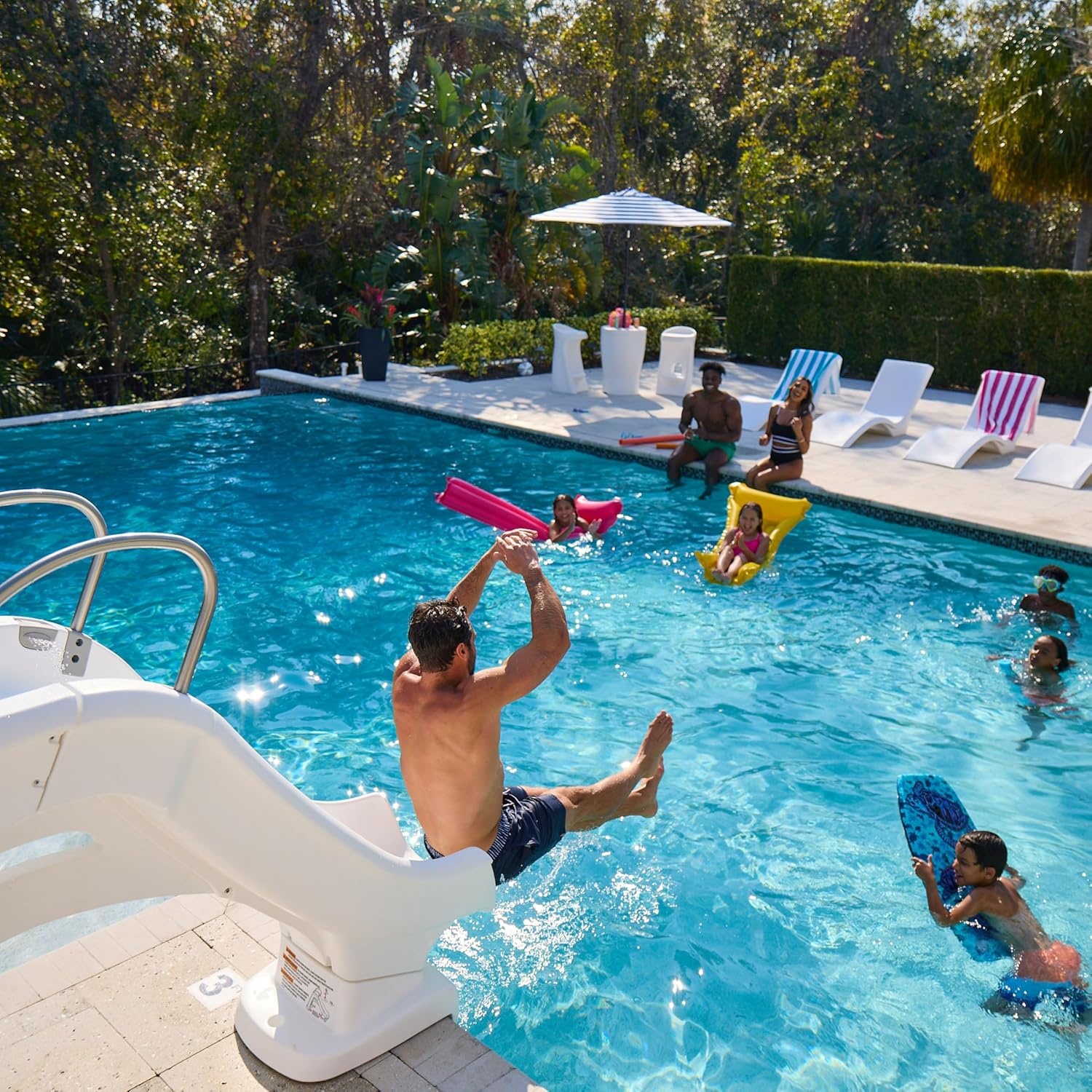 Step2 Vero Pool Slide, Outdoor/Indoor Waterproof Patio Furniture, Non-Slip Steps, Hose Attachment, Made of Durable Plastic, 4 Feet, White