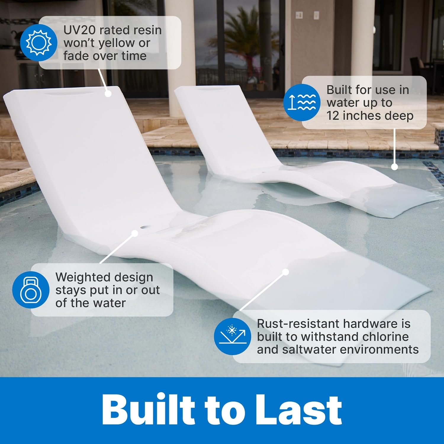 Step2 Vero Pool Lounger 2-Pack, Weighted in-Pool Lounge Chairs for Tanning Ledge and Baja Shelf, White