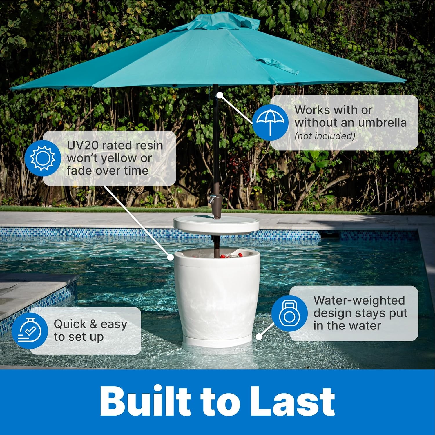 Step2 Vero in-Pool Shade Table, Cooler Side Table with 9-Gallon Basin, Umbrella Hole, for 15-inch Water Ledge, White(Shade Table)