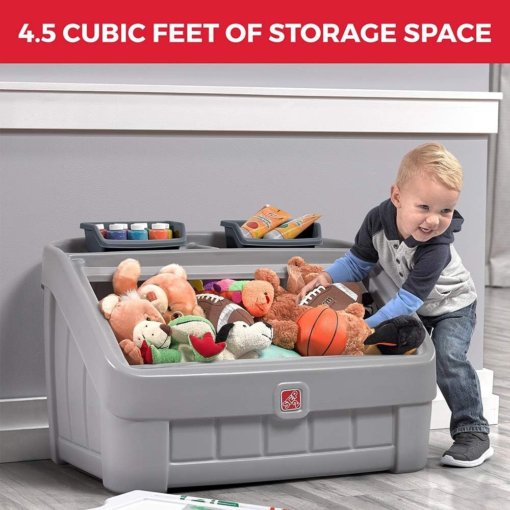 Step2 2-in-1 Toy Box & Art Lid, Kids Toy Storage Bin & Organizer, Easel & Chest in One, Made of Durable Plastic, For Toddlers 2+ Years Old, Tan(Gray)