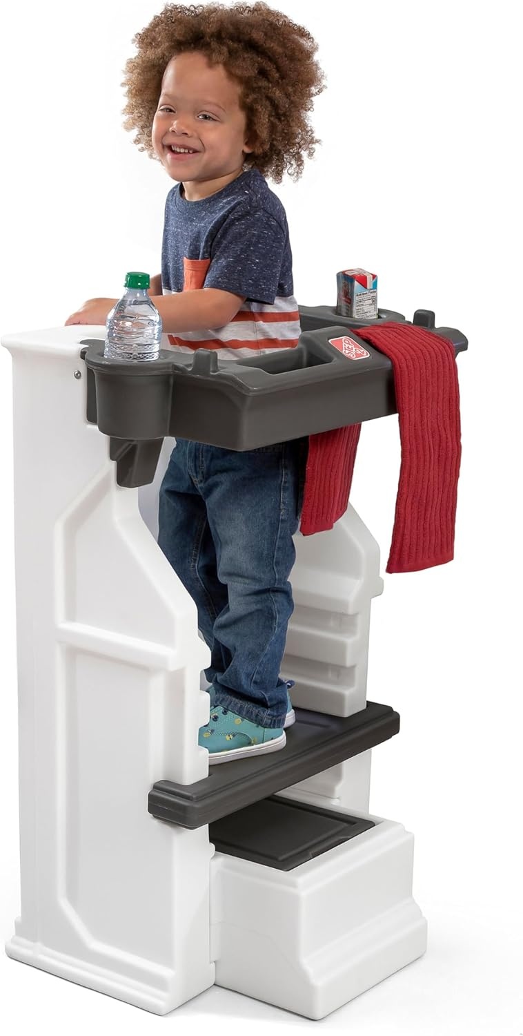 Step2 Mobile Helper, Toddler Step Stool & Tower Stand, Adjustable Height & Built-in Storage, Non-Slip Feet, Includes Safety Bar, Easy Wipe Down, for Kids 1.5+ Years Old