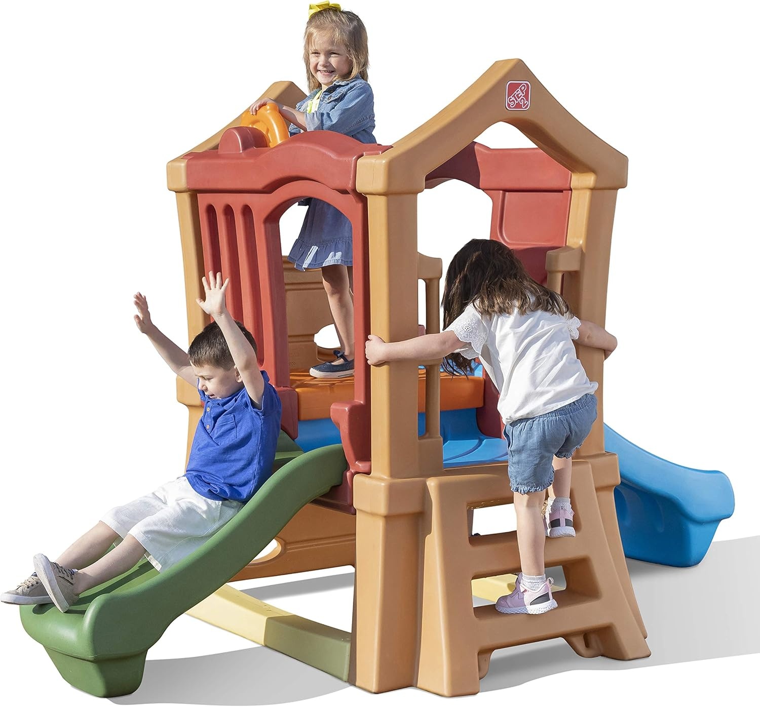 Step2 Play Up Double Slide Climber, Kids Outdoor Playset, Backyard Playground Set, 2 Slides, Elevated Playhouse, Outside Jungle Gym, For Toddlers 2-6 Years Old
