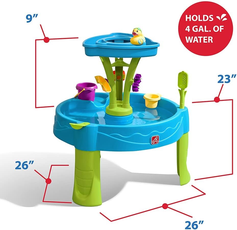 Step2 Summer Showers Splash Tower Water Table for Kids, Outdoor Kids Water Sensory Table, Ages 1.5+ Years Old, 8 Piece Water Toy Accessories, Blue & Green