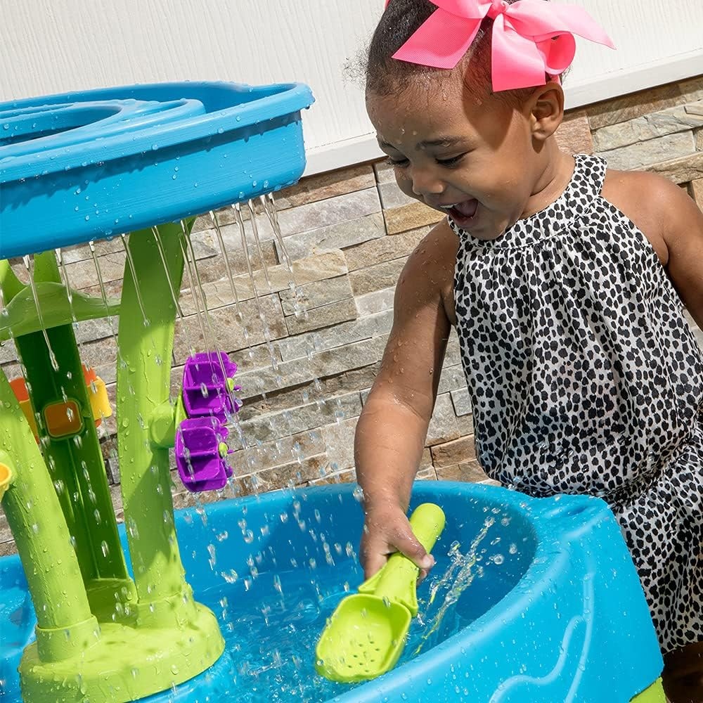 Step2 Summer Showers Splash Tower Water Table for Kids, Outdoor Kids Water Sensory Table, Ages 1.5+ Years Old, 8 Piece Water Toy Accessories, Blue & Green