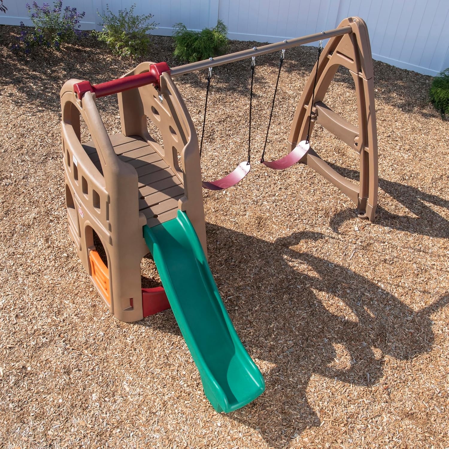 Step2 Naturally Playful Playhouse Climber and Swing Set Extension for Kids, Outdoor Playset with Slide, Two Strap Swings and Secret Playhouse, Durable Plastic, Ages 3 to 8 Years