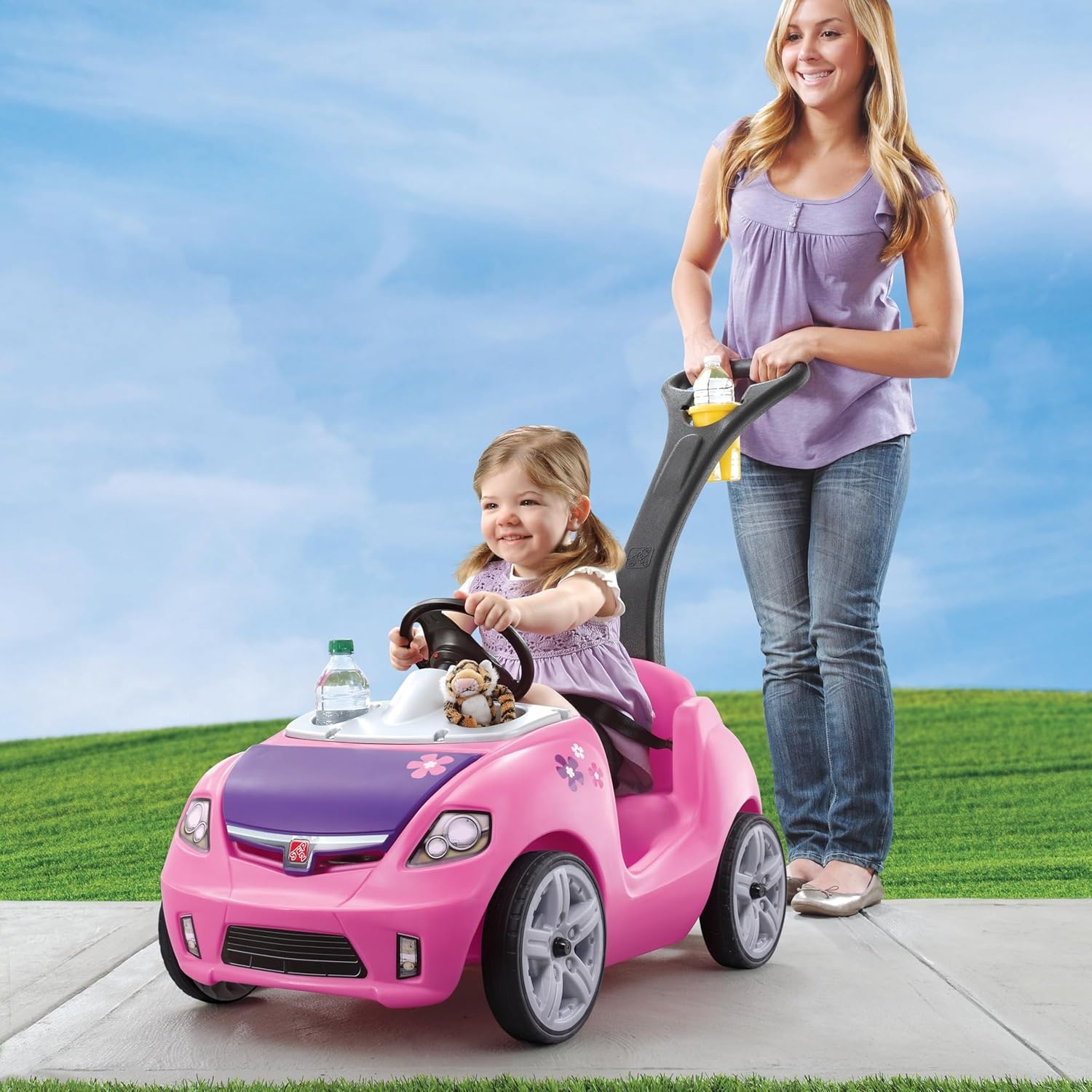 Step2 Whisper Ride II Kids Push Car, Ride-On Car with Seat Belt and Horn, Quick Fold Handle, Stroller Alternative, Toddlers and Preschoolers Ages 18+ Months, Blue(Pink)