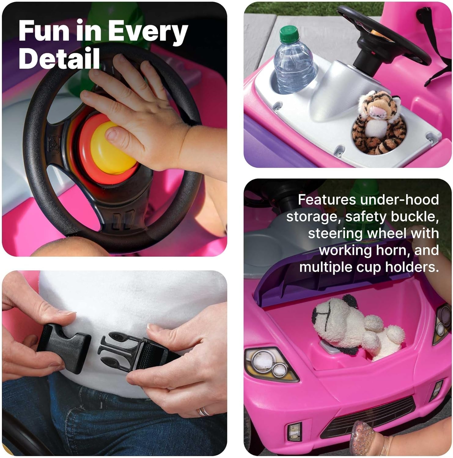 Step2 Whisper Ride II Kids Push Car, Ride-On Car with Seat Belt and Horn, Quick Fold Handle, Stroller Alternative, Toddlers and Preschoolers Ages 18+ Months, Blue(Pink)