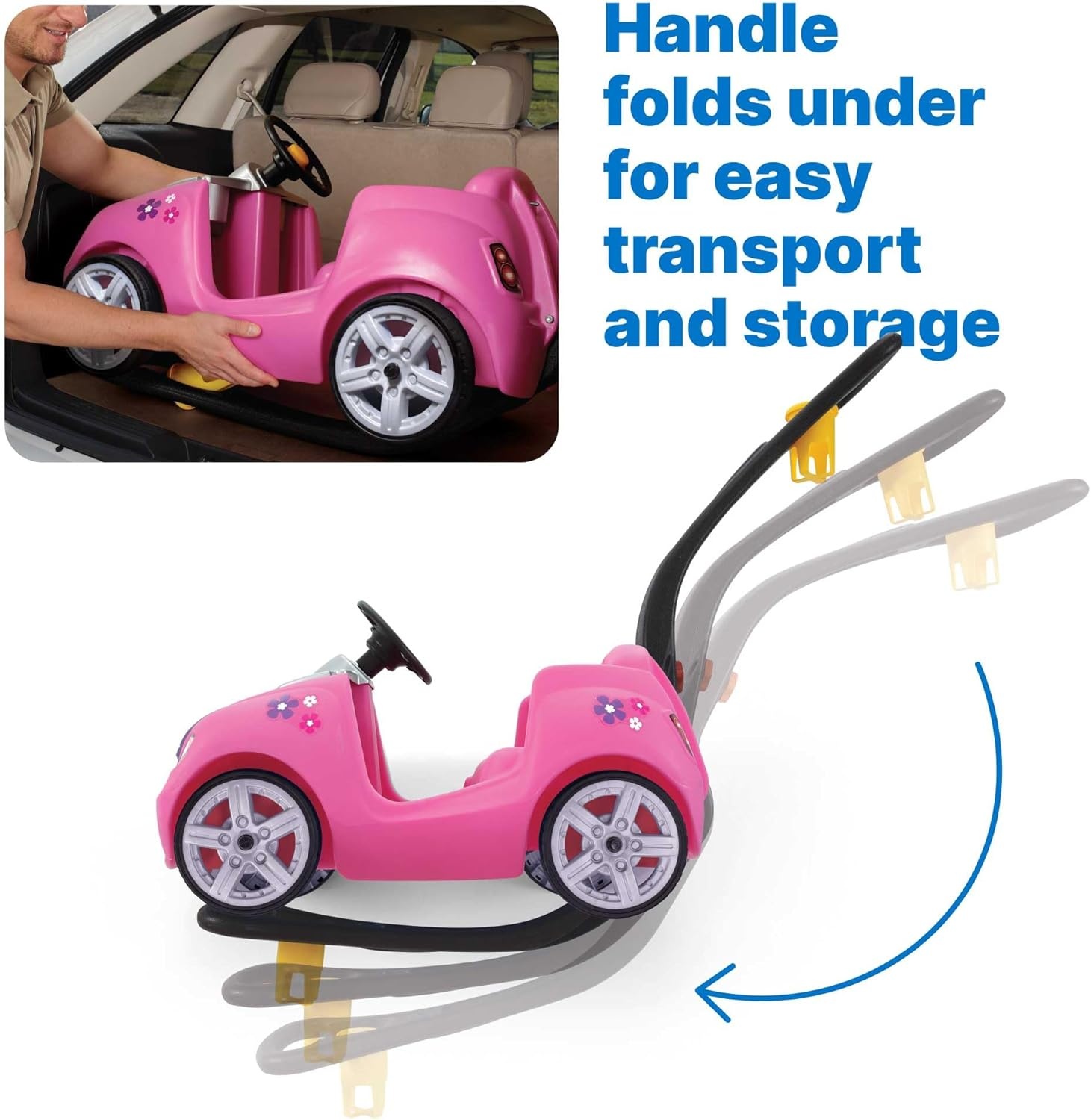 Step2 Whisper Ride II Kids Push Car, Ride-On Car with Seat Belt and Horn, Quick Fold Handle, Stroller Alternative, Toddlers and Preschoolers Ages 18+ Months, Blue(Pink)
