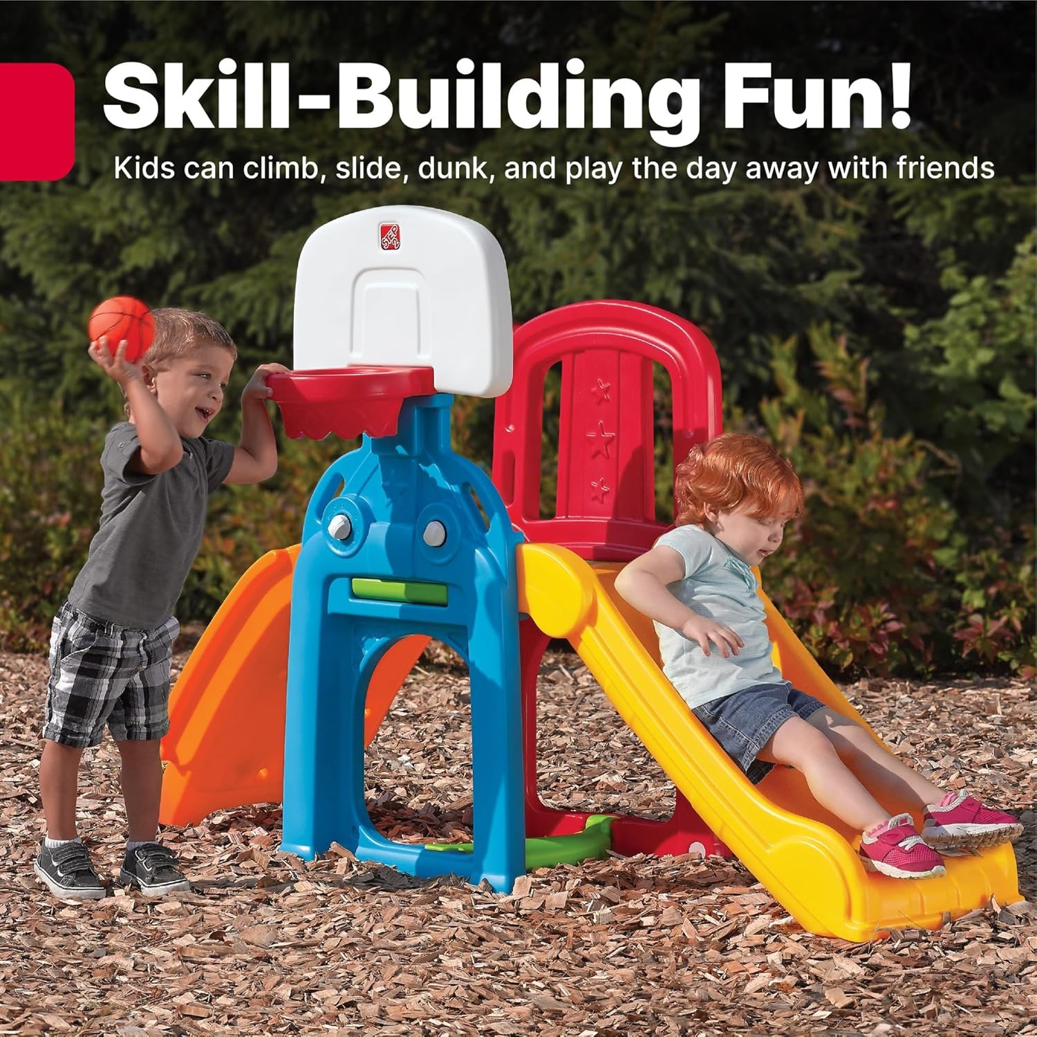Step2 Game Time Sports Climber, Kids Indoor/Outdoor Playset, Backyard Playground Set, Slide, Climbing Wall, Basketball Hoop, Outside Jungle Gym, For Toddlers 2-6 Years Old(Climber and Slide)