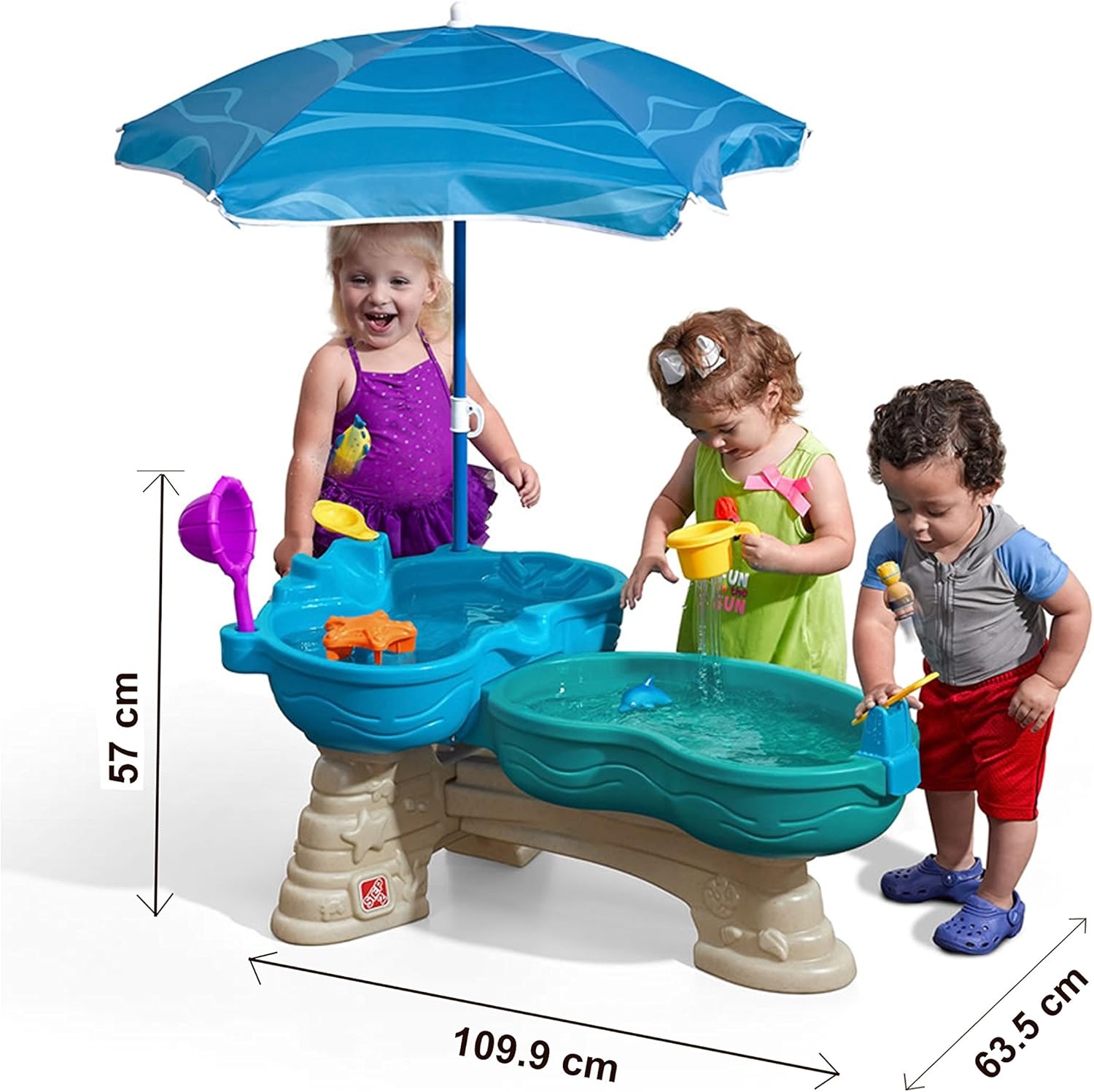 Step 2 Spill & Splash Seaway Water Table for Kids, Two-Tier Outdoor Kids Water Sensory Table with Umbrella, Ages 1.5+ Years Old, 11 Piece Water Toy Accessories(Multi-color)