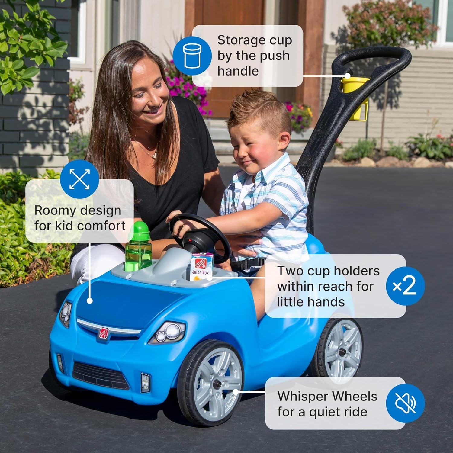 Step2 Whisper Ride II Kids Push Car, Ride-On Car with Seat Belt and Horn, Quick Fold Handle, Stroller Alternative, Toddlers and Preschoolers Ages 18+ Months, Blue(Blue)