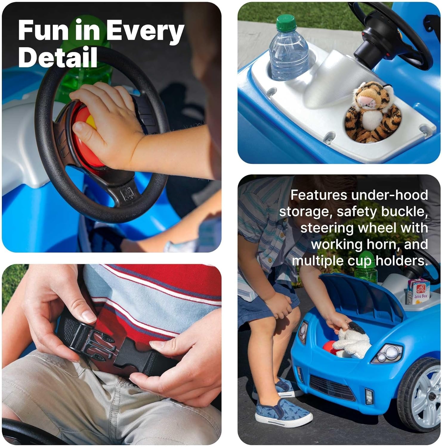 Step2 Whisper Ride II Kids Push Car, Ride-On Car with Seat Belt and Horn, Quick Fold Handle, Stroller Alternative, Toddlers and Preschoolers Ages 18+ Months, Blue(Blue)