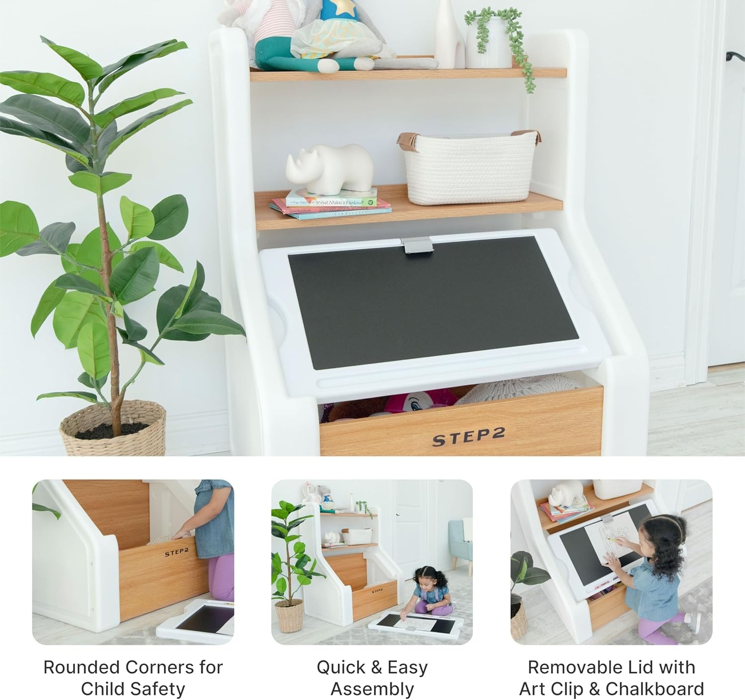 Step2 Harmony Toy Storage Box, Wood and Plastic, Shelves for Books, Toy Storage Bin with Chalkboard Lid and Clip, Easel and Toy Organizer in One, White(White)