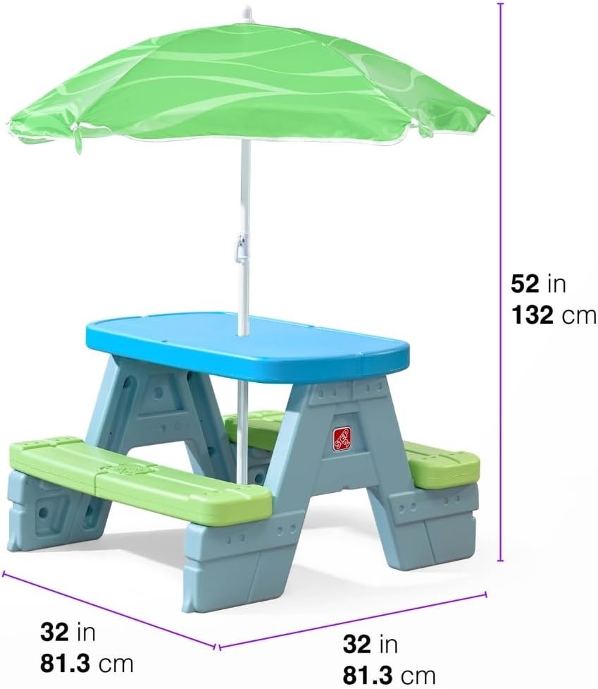 Step2 Sun & Shade Kids Picnic Table with Removeable Umbrella, Indoor/Outdoor Toys, Fits 4 Children, Made of Durable Plastic, For Toddlers 1.5-4 Years Old