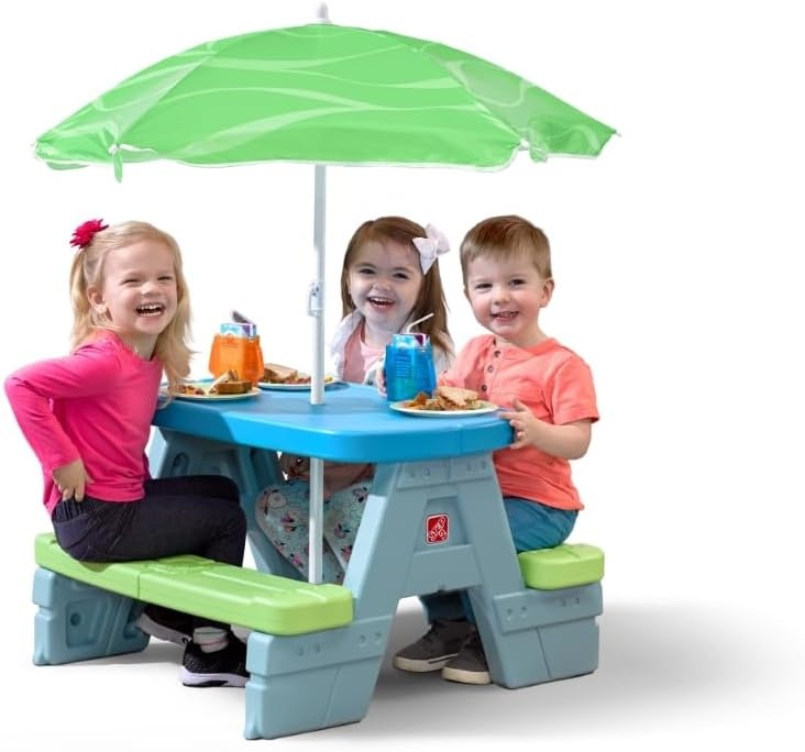 Step2 Sun & Shade Kids Picnic Table with Removeable Umbrella, Indoor/Outdoor Toys, Fits 4 Children, Made of Durable Plastic, For Toddlers 1.5-4 Years Old