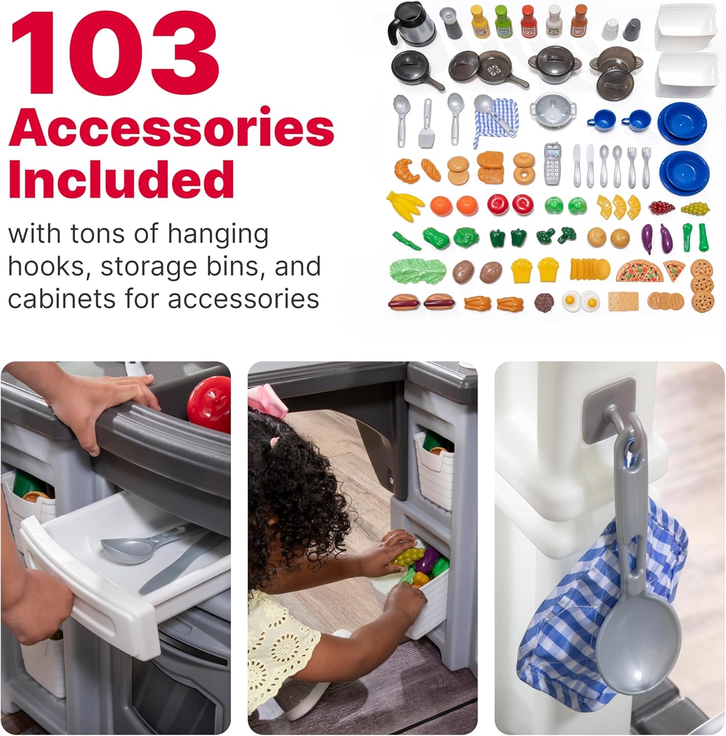 Step2 Grand Walk-in Kitchen & Grill Kids Playset, Indoor/Outdoor Kitchenette, Interactive Play with Lights and Sounds, Durable Plastic, 103 Piece Toy Accessories, Toddlers 2+ Years Old, Gray/White(Gray)