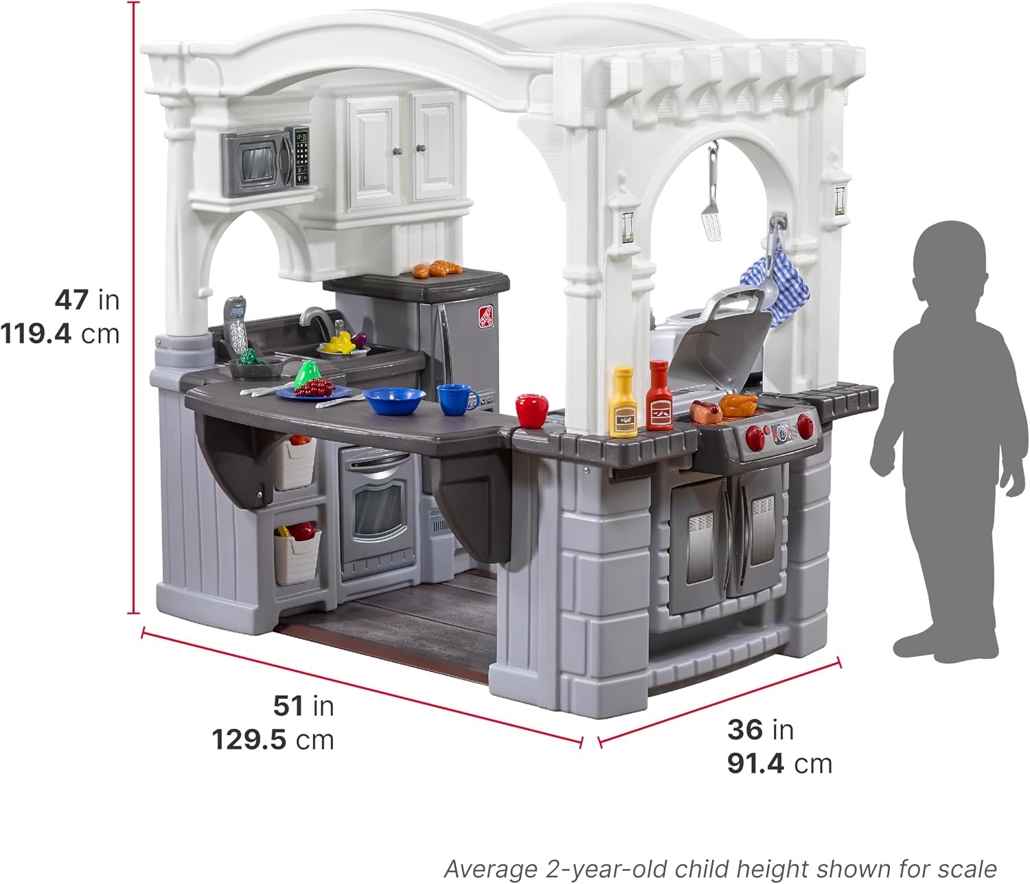 Step2 Grand Walk-in Kitchen & Grill Kids Playset, Indoor/Outdoor Kitchenette, Interactive Play with Lights and Sounds, Durable Plastic, 103 Piece Toy Accessories, Toddlers 2+ Years Old, Gray/White(Gray)