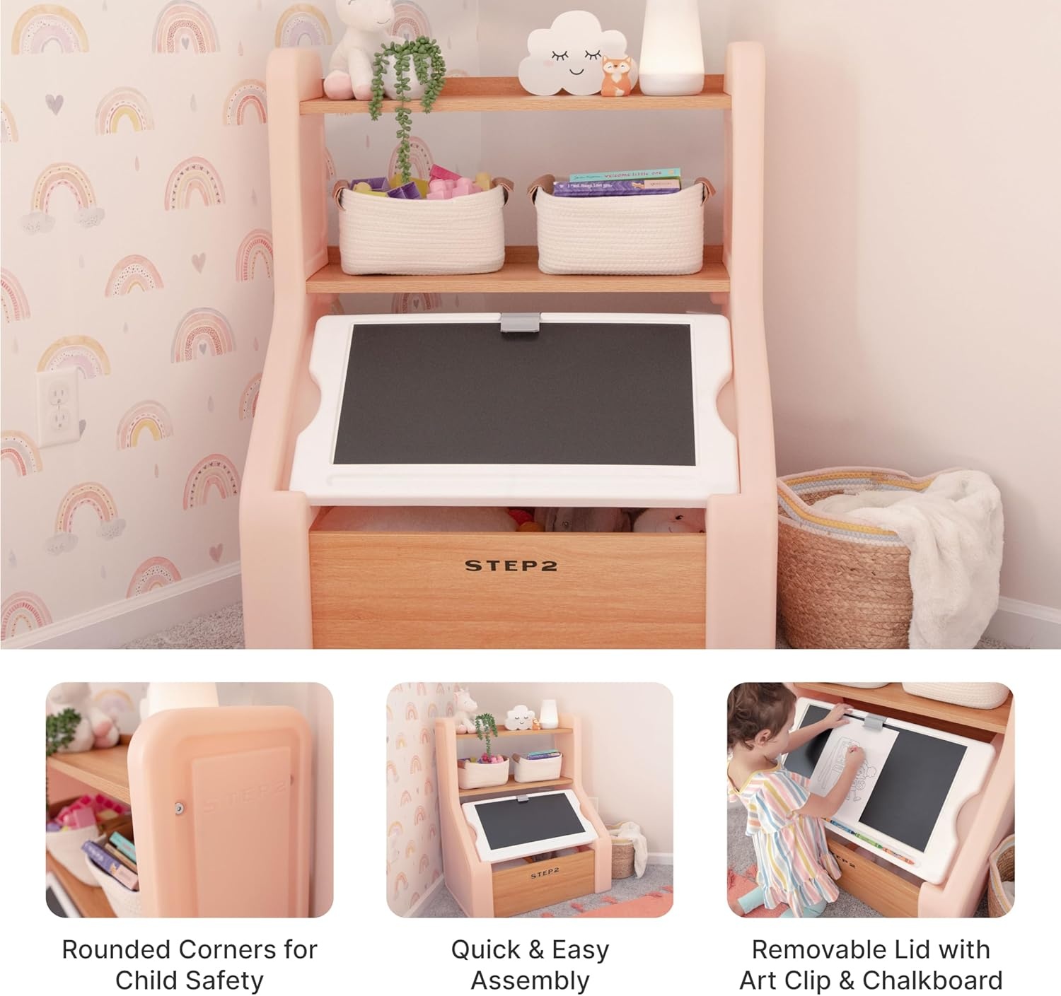 Step2 Harmony Toy Storage Box, Wood and Plastic, Shelves for Books, Toy Storage Bin with Chalkboard Lid and Clip, Easel and Toy Organizer in One, White(Rose Pink)