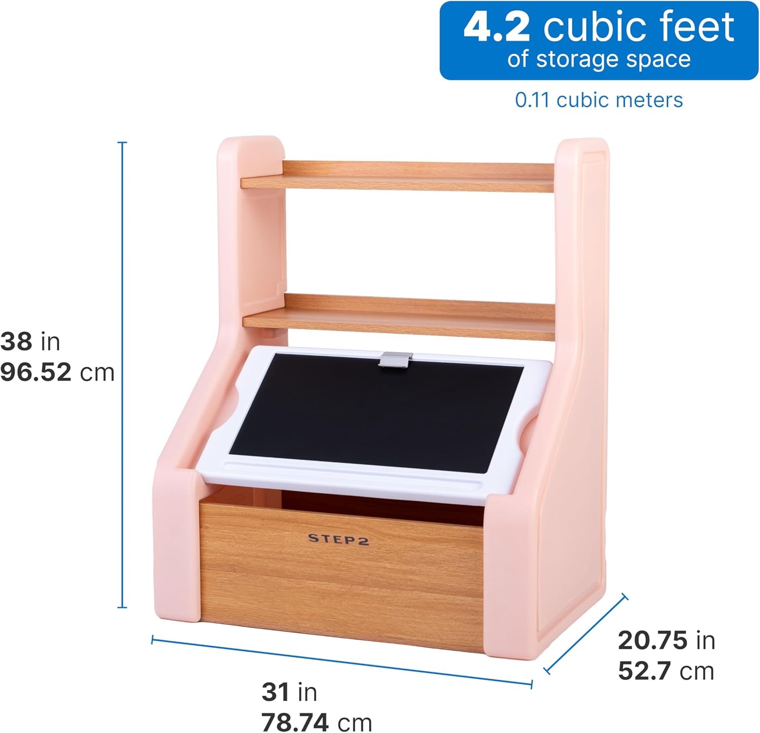 Step2 Harmony Toy Storage Box, Wood and Plastic, Shelves for Books, Toy Storage Bin with Chalkboard Lid and Clip, Easel and Toy Organizer in One, White(Rose Pink)