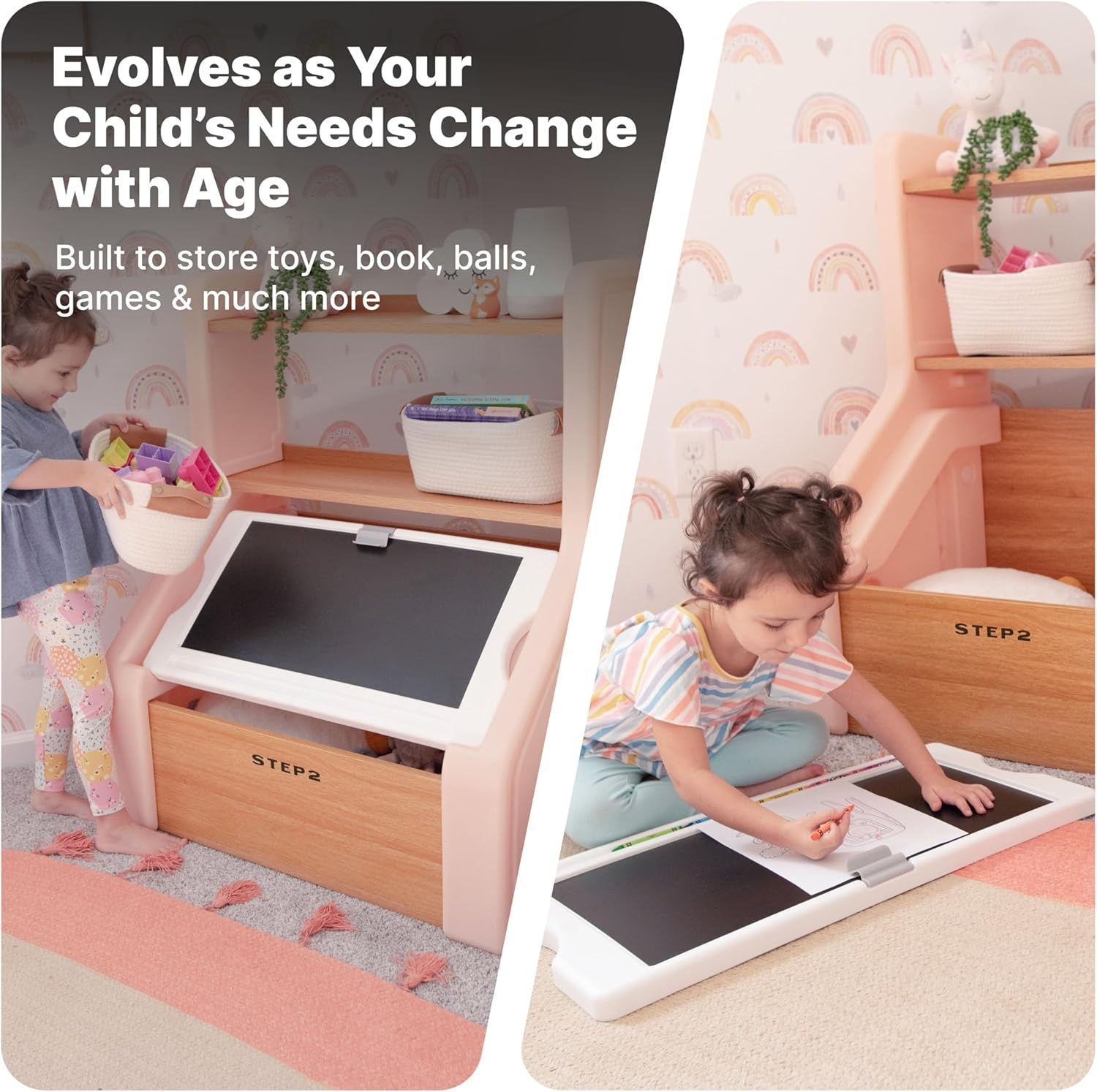Step2 Harmony Toy Storage Box, Wood and Plastic, Shelves for Books, Toy Storage Bin with Chalkboard Lid and Clip, Easel and Toy Organizer in One, White(Rose Pink)