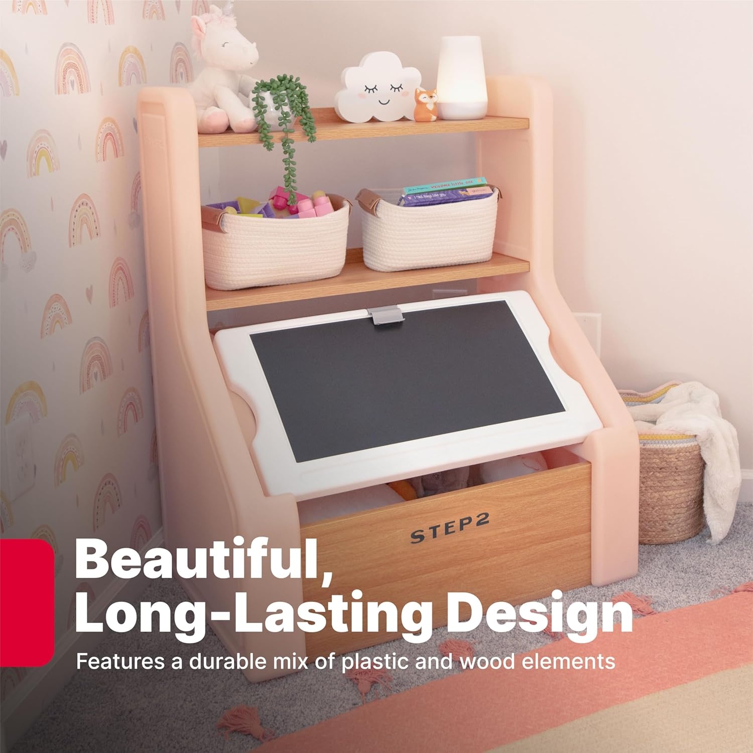 Step2 Harmony Toy Storage Box, Wood and Plastic, Shelves for Books, Toy Storage Bin with Chalkboard Lid and Clip, Easel and Toy Organizer in One, White(Rose Pink)