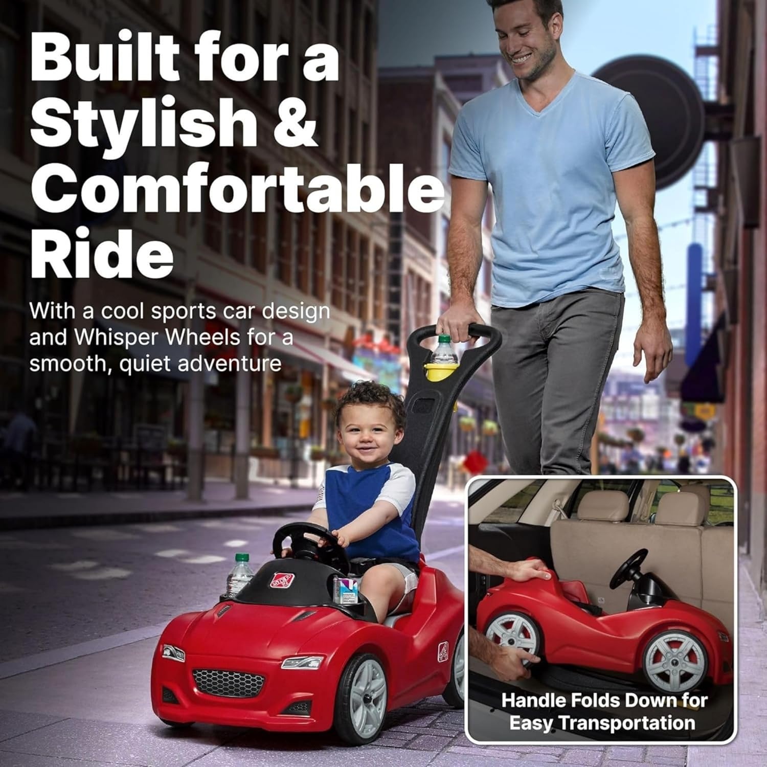 Step2 Whisper Ride Cruiser Kids Push Car, Ride On Toy, Stroller Substitute, Includes Seat Belt & Horn, Made of Durable Plastic, Max Weight 50 lbs., For Toddlers 1.5-4 Years Old, Pink(Red)