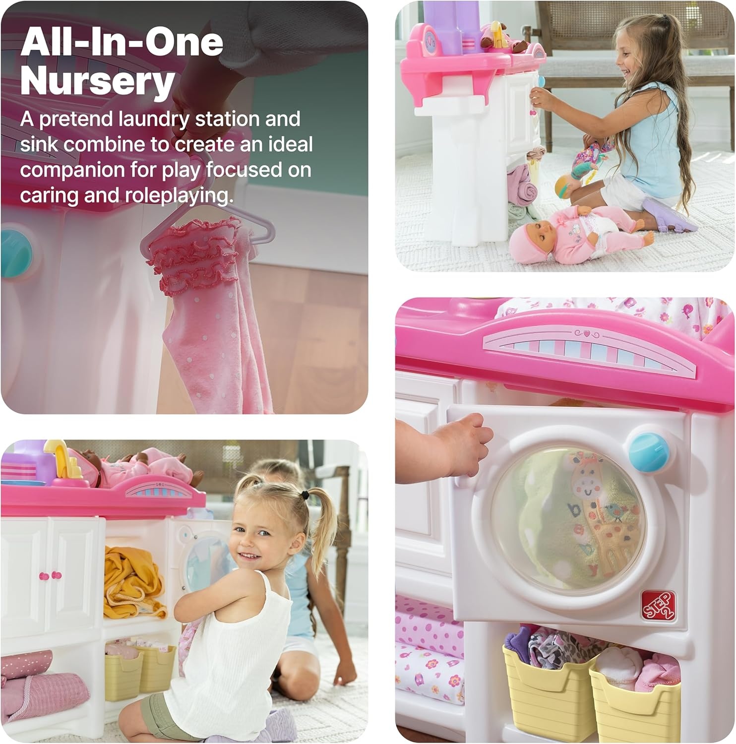 Step2 Love & Care Deluxe Baby Doll Nursery Playset for Kids, Compact Changing Station & Crib, Made of Durable Plastic, Includes Toy Accessories, For Toddlers 2-6 Years Old, Pink(Pink)