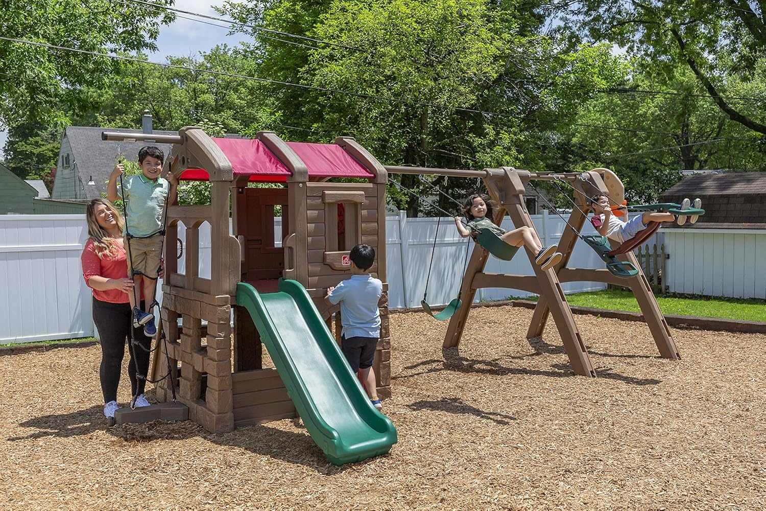 Step2 Naturally Playful Adventure Lodge Play Center with Glider, Kids Outdoor Playset, Two Tier Backyard Playground Set, Slide, Swings, Rope Ladder, Basketball Hoop, Jungle Gym, Children 3-8 Years Old(With Glider Extension)