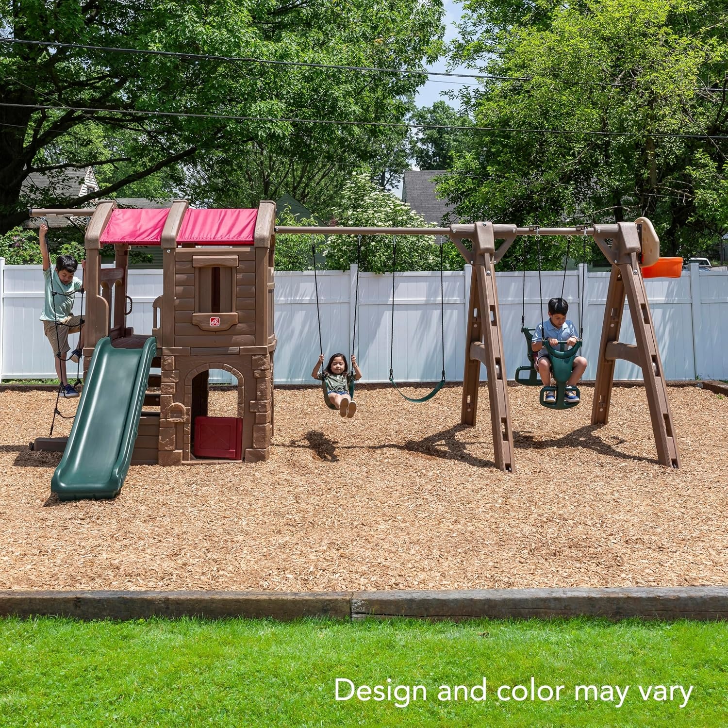 Step2 Naturally Playful Adventure Lodge Play Center with Glider, Kids Outdoor Playset, Two Tier Backyard Playground Set, Slide, Swings, Rope Ladder, Basketball Hoop, Jungle Gym, Children 3-8 Years Old(With Glider Extension)