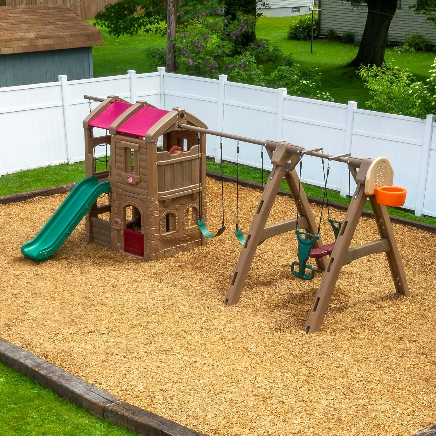 Step2 Naturally Playful Adventure Lodge Play Center with Glider, Kids Outdoor Playset, Two Tier Backyard Playground Set, Slide, Swings, Rope Ladder, Basketball Hoop, Jungle Gym, Children 3-8 Years Old(With Glider Extension)