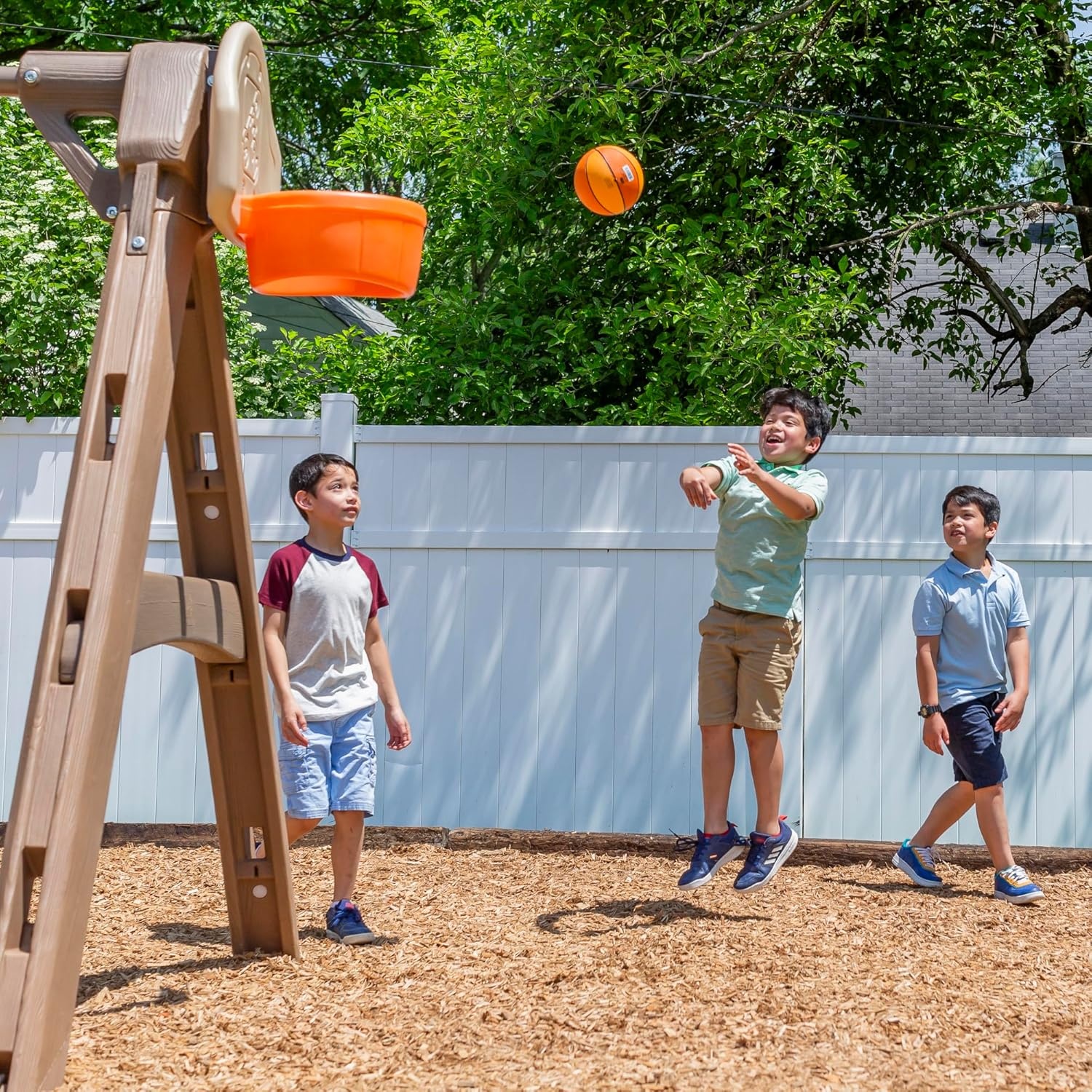 Step2 Naturally Playful Adventure Lodge Play Center with Glider, Kids Outdoor Playset, Two Tier Backyard Playground Set, Slide, Swings, Rope Ladder, Basketball Hoop, Jungle Gym, Children 3-8 Years Old(With Glider Extension)