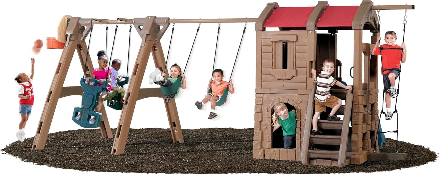 Step2 Naturally Playful Adventure Lodge Play Center with Glider, Kids Outdoor Playset, Two Tier Backyard Playground Set, Slide, Swings, Rope Ladder, Basketball Hoop, Jungle Gym, Children 3-8 Years Old(With Glider Extension)