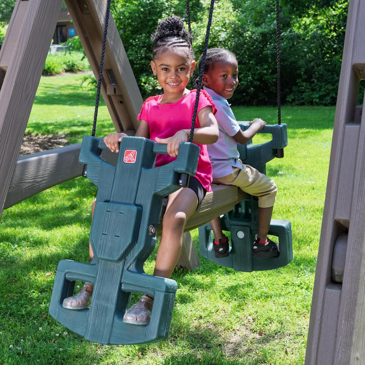 Step2 Naturally Playful Adventure Lodge Play Center with Glider, Kids Outdoor Playset, Two Tier Backyard Playground Set, Slide, Swings, Rope Ladder, Basketball Hoop, Jungle Gym, Children 3-8 Years Old(With Glider Extension)