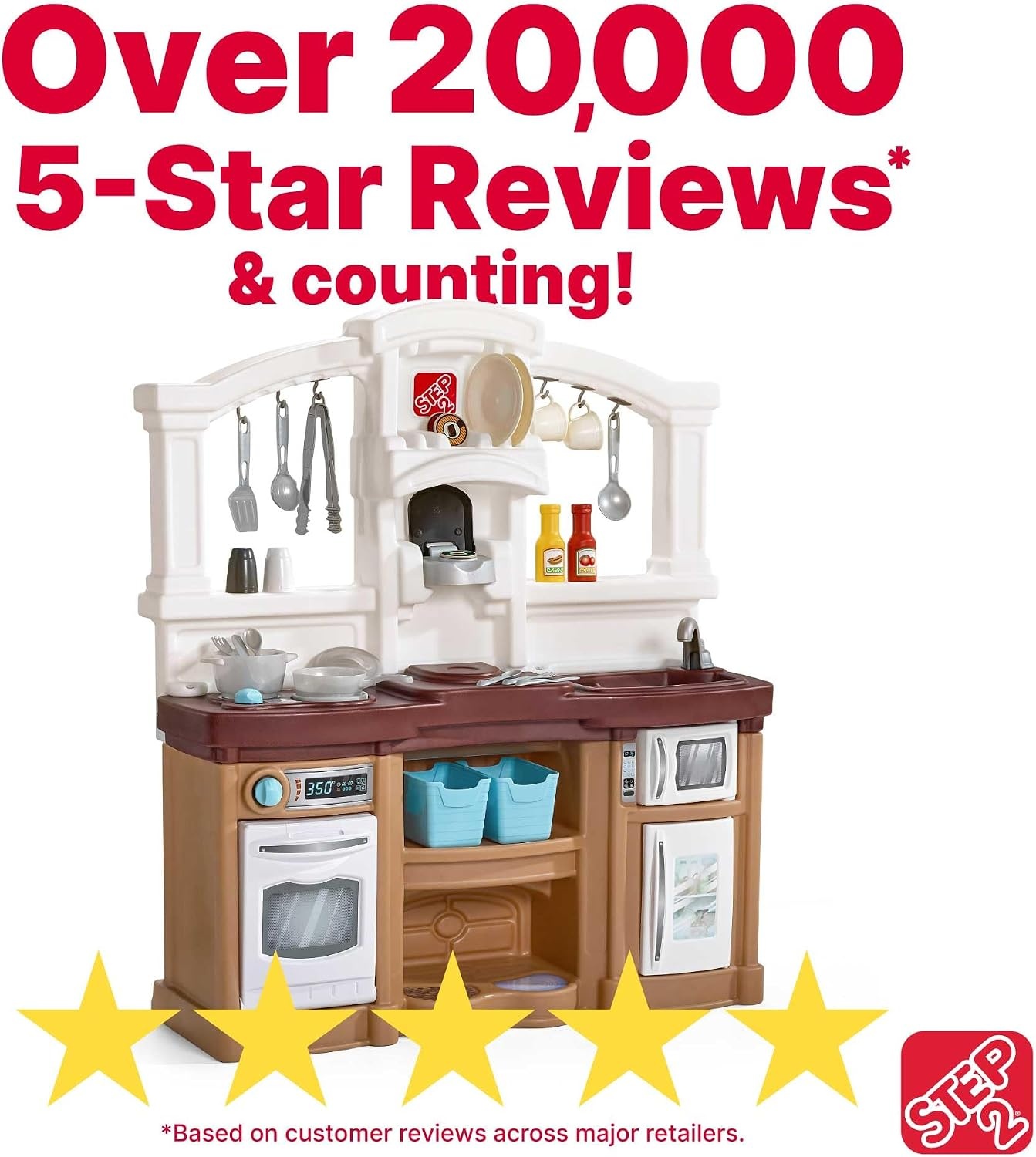 Step2 Fun with Friends Kids Kitchen Playset, Indoor/Outdoor Kitchenette with Lights & Sounds, Durable Plastic, 25-Piece Toy Accessories, Toddlers 2+ Years, Gray(Tan)