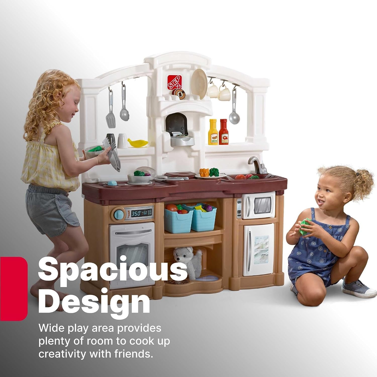 Step2 Fun with Friends Kids Kitchen Playset, Indoor/Outdoor Kitchenette with Lights & Sounds, Durable Plastic, 25-Piece Toy Accessories, Toddlers 2+ Years, Gray(Tan)