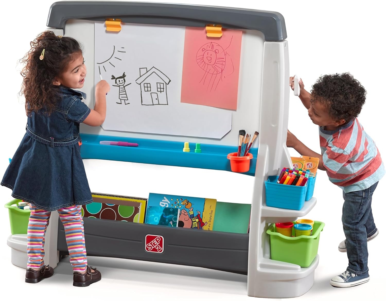 Step2 Jumbo Art Easel, Kids Art Activity Table, Double-Sided Dry Erase and Chalkboard, Storage Bins and Trays, For Toddlers and Preschoolers Ages 3+ Years Old
