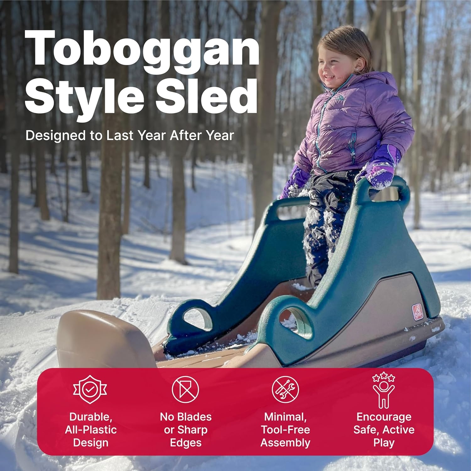 Step2 Snow Runner, Kids Ride On Toy & Outdoor Snow Sled & Toboggan, Fits 2 Riders, Made of Durable Plastic, Max Weight 120 lbs., for Toddlers 3-6 Years Old, Tan & Green