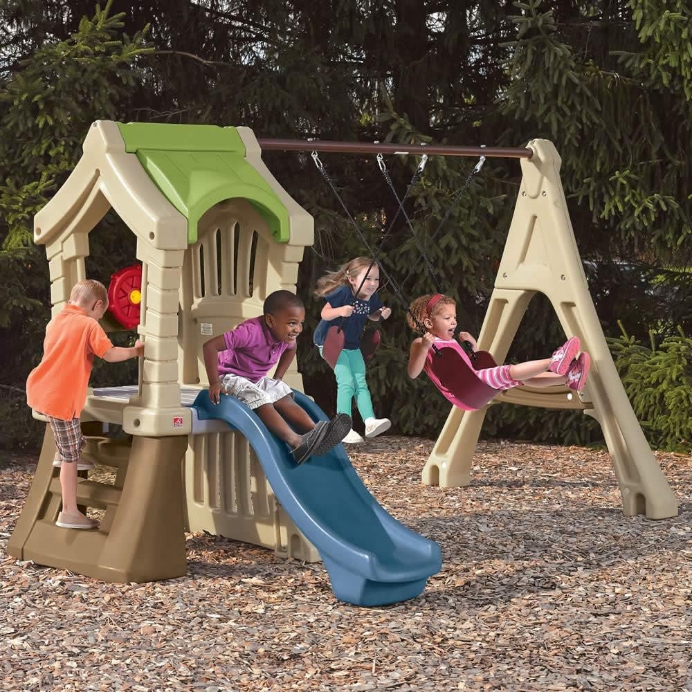Step2 Play Up Gym Set for Kids, Outdoor Swing Set, Backyard Slide, Swings, Playhouse, & Crawl Space, Two Tier, Easy Set Up, Toddlers Ages 3-6 Years Old(Swing Set)