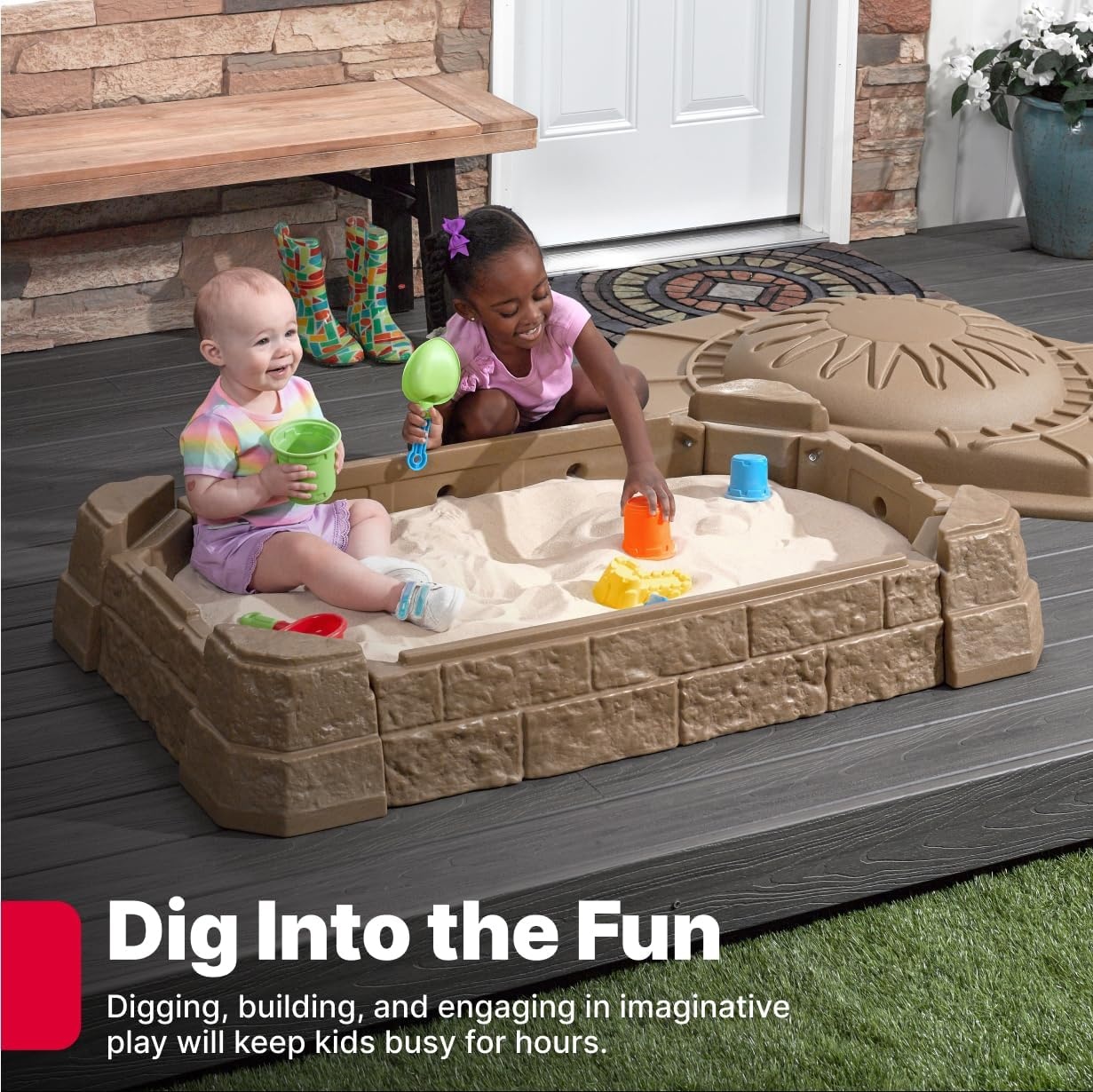 Step2 Naturally Playful Sandbox II, Kids Sand Activity Sensory Play Pit, Summer Outdoor Toys, 7 Piece Water Toy Accessories, for Toddlers 1+ Years Old(Naturally Playful Sandbox II)