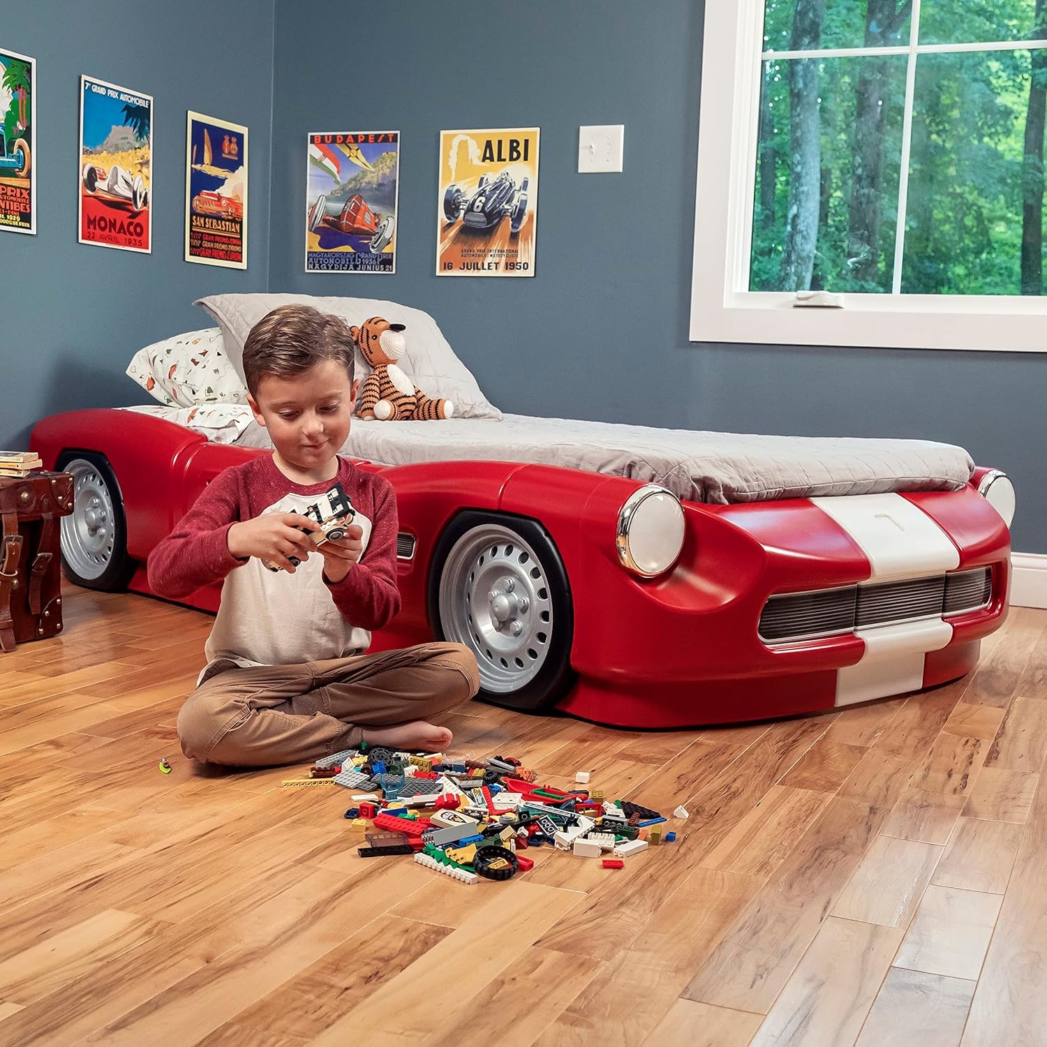 Step2 Turbocharged Twin Size Truck Car Bed, Car Bed for Boys & Girls, Working Headlights & Built-In Storage, Made of Durable Plastic, For Toddlers 3+ Years Old, Vibrant Red(Red Roadster)